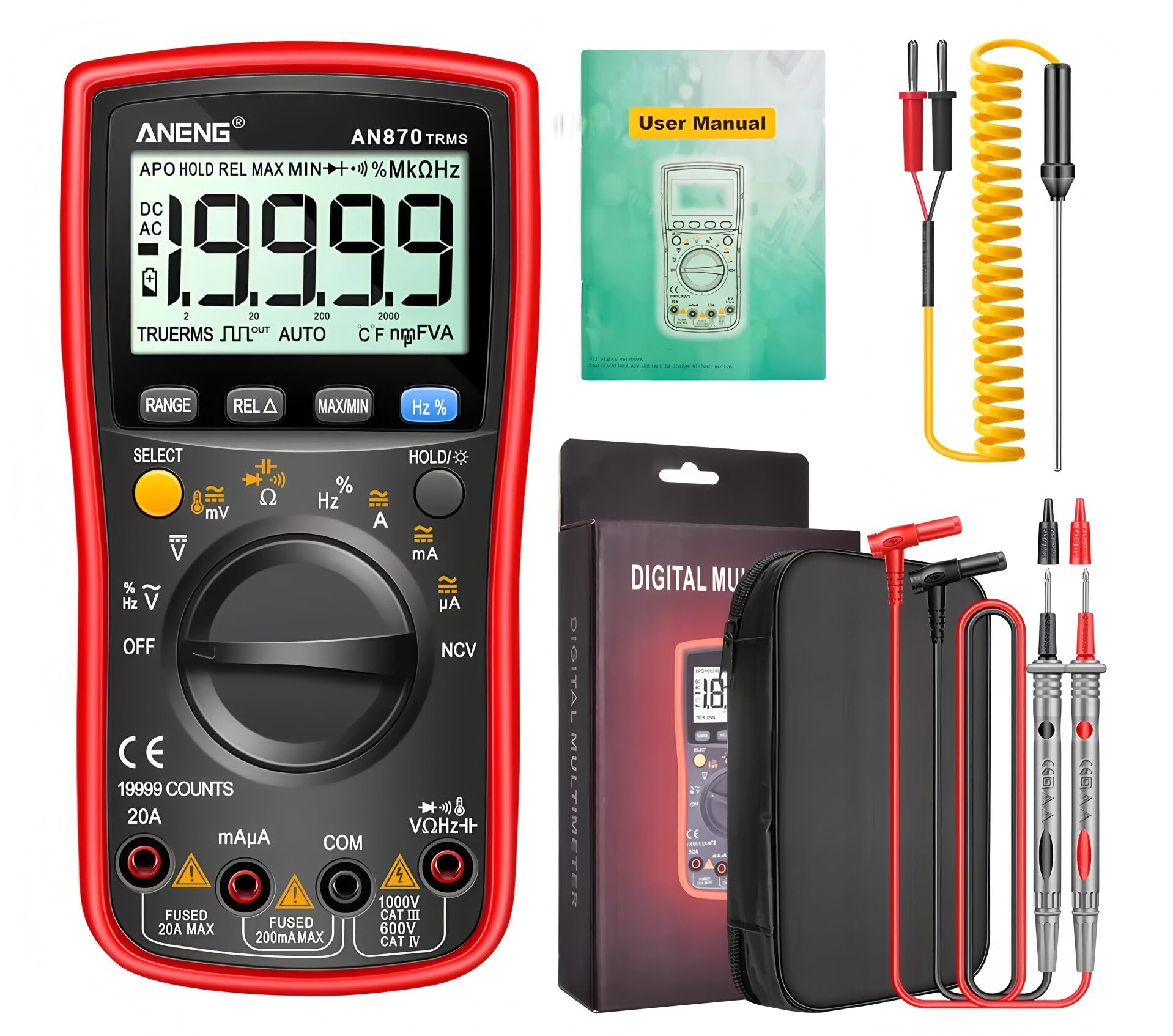 Multimetro intelligente AN870 digitale professionale 19999 conteggi tester tensione AC corrente NCV capacità resistenza ohm strumento di prova (AN870)