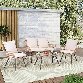 Yaheetech 4 Piece Patio Furniture Set, Outdoor Wicker Conversation Sets, Boho Loveseat & 2 Armchairs with Cushion and Pillow, Glass Top Table for Backyard, Porch, Balcony, Deck - Tan/Cream