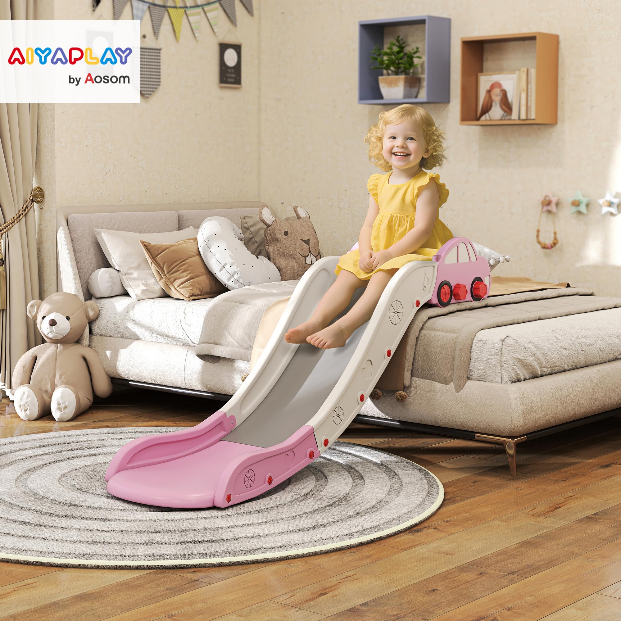 AIYAPLAY Scivolo per Bambini in HDPE con Zona di Ammortizzazione Integrata, 175x43x73 cm, per Divani, Letti e Superfici Alte 40-60 cm, Età 18-48 Mesi, Carico Massimo 30kg, Rosa