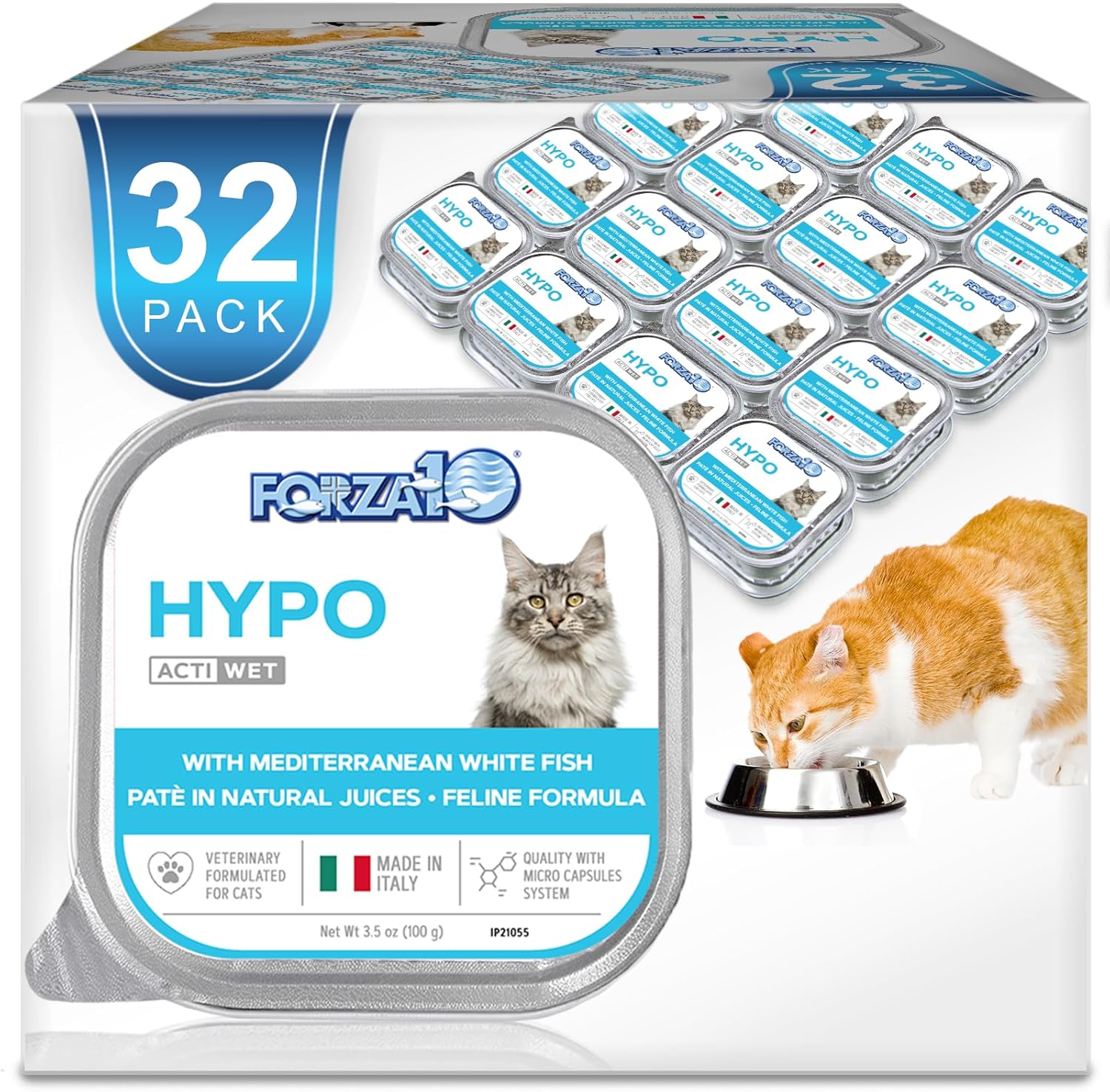 Forza10 - Cat Food, Vet-Approved Hypoallergenic Wet Cat Food, Non GMO, Salmon Flavor, Adult Cats with Allergies, Skin & Coat Support, Made in Italy (3.5 oz, 32 Pack)