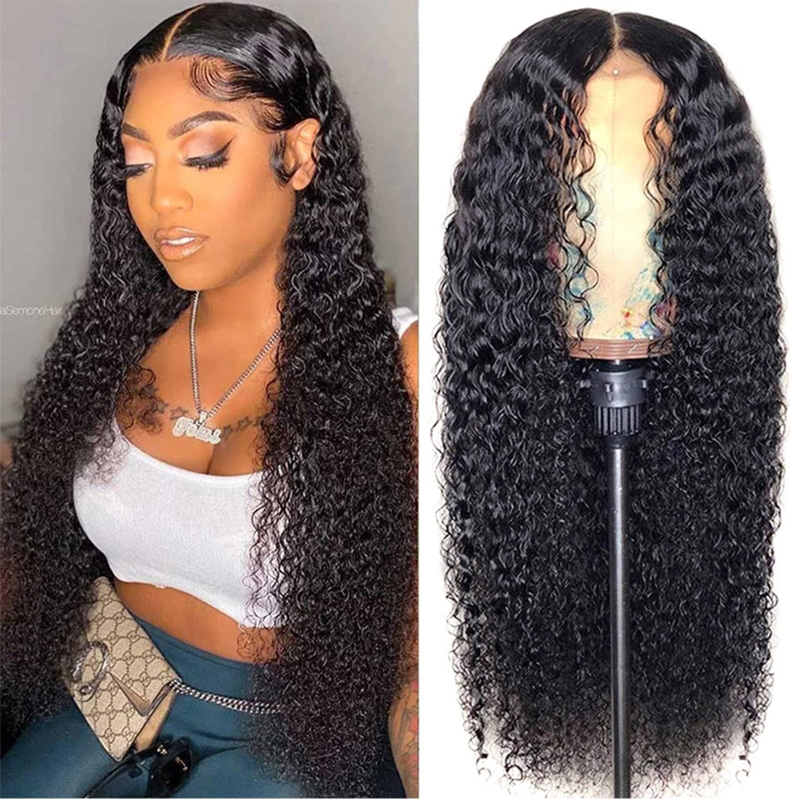 YLOIJO Lace Front Wigs Deep Wave Human Hair Pre-Plucked Wigs For Black Women, Artificial Wigs Heat Resistant Synthetic Deep Wave Curly Virgin Hair