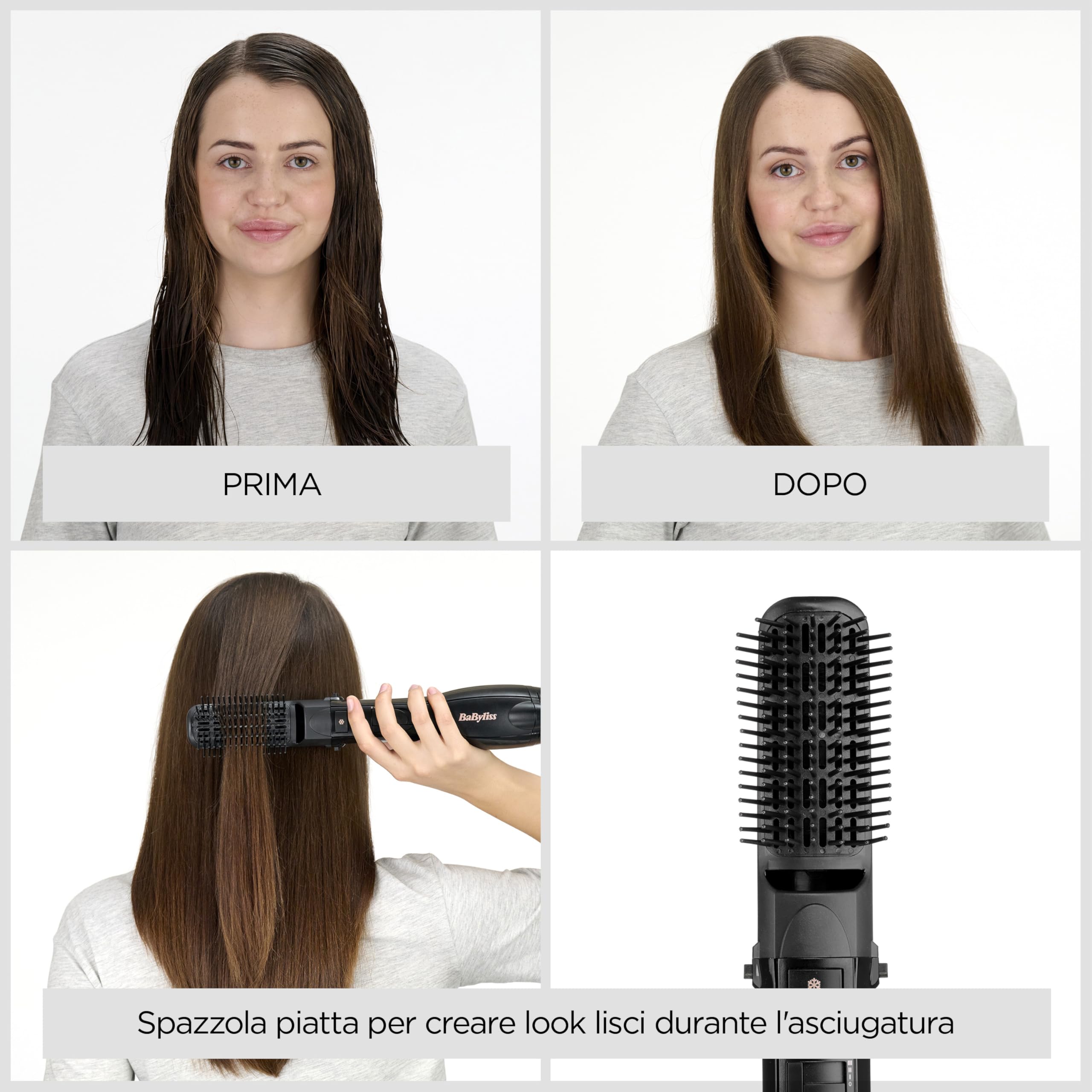 BaByliss Smooth Finish 1200 – Spazzola ad Aria Calda 4‑in‑1 per Asciugare, Lisciare, Modellare e Dare Volume, Tecnologia Ionica & Ceramica, 4 Accessori, 1200W, Nero/Rosa, AS122E