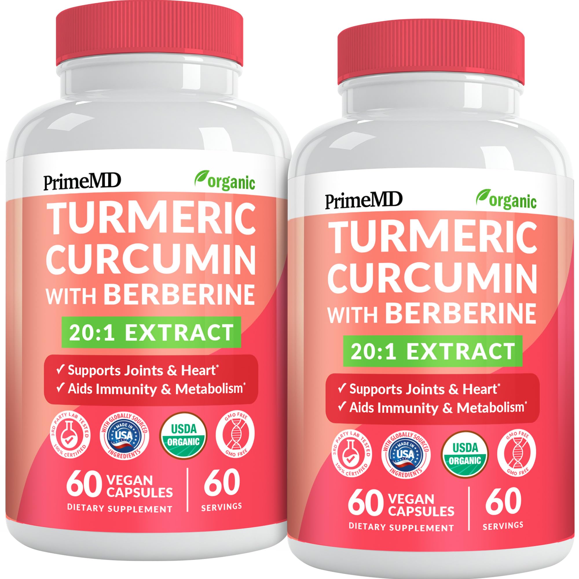 5-in-1 Organic Turmeric Curcumin Supplement (230mg) with Berberine, Ceylon Cinnamon Bioperine and Ginger Supplements for Mobility, Digestion & Wellness Support, USDA Organic (60 ct, Pack of 2) 60 Count (Pack of 2)