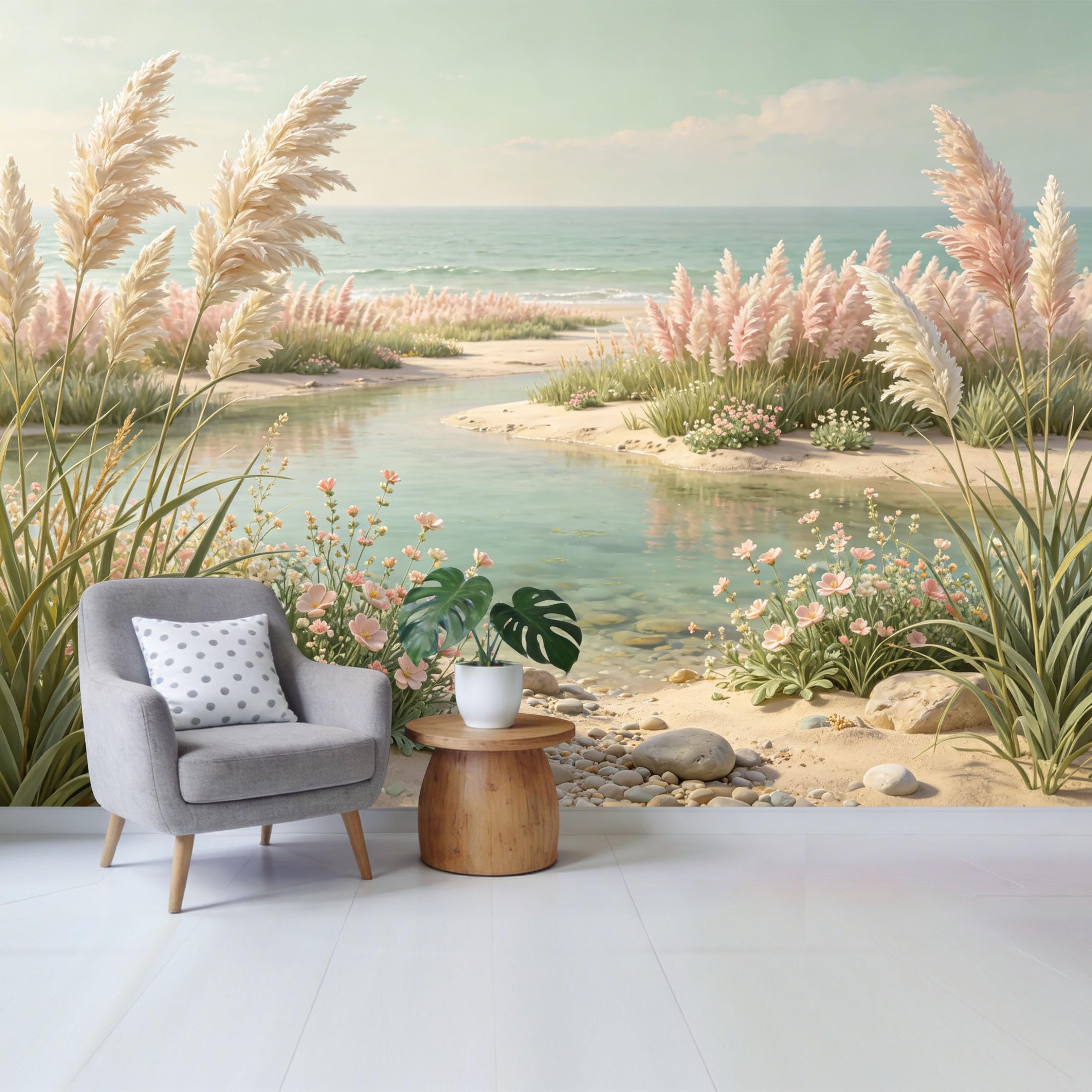 Qzlithotic Yq2605251064 Custom Size Wall Mural Coastal Pink Pampas Grass Beach Scenery Watercolor Style Selfadhesive Wall Fabric Removable Wallpaper For Home Office Decor