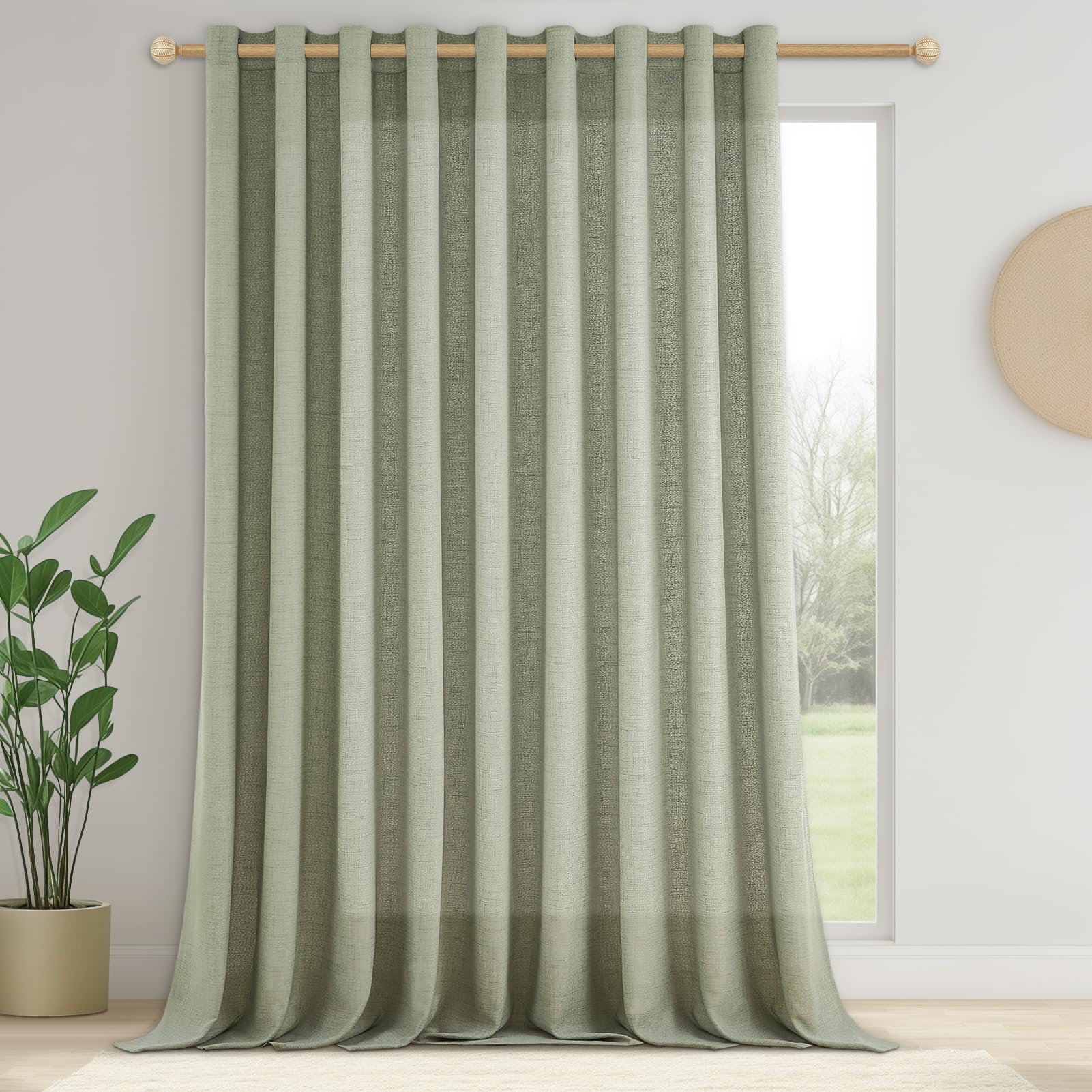 CUTEWIND Extra Breite Gardinen Leinen Salbeigrün Halbtransparent für Große Fenster, 225 cm Lang, 300 cm Breit, 1 Stück Landhaus Gardine Wohnzimmer Vorhänge mit Ösen Vorhang Leinenoptik
