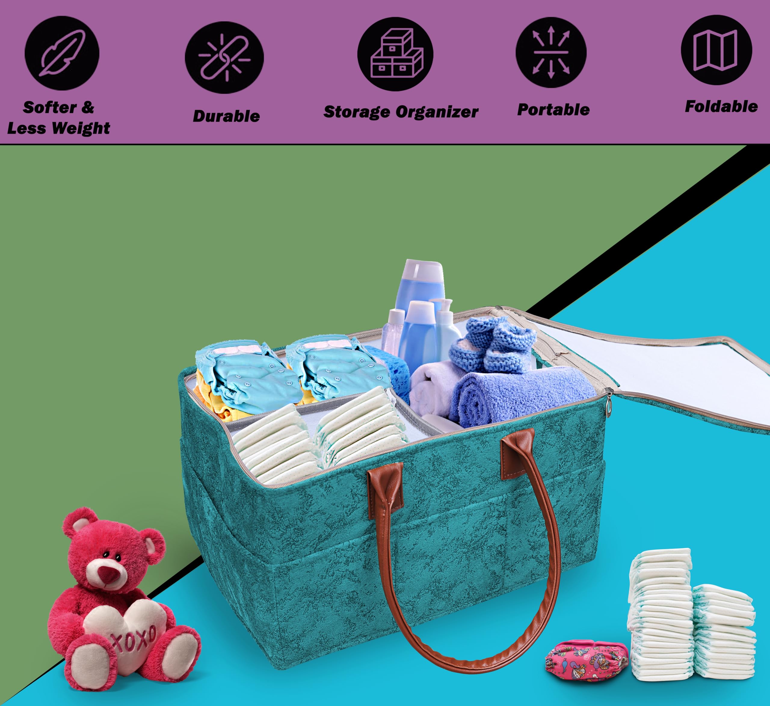 GREEN DECOR - Non Woven Fabric Cute Diaper Caddy Bag with Handles & Zip Lock for Smart Mothers Baby Diaper Caddy Wipes Storage Organizers,Foldable and Portable(Spray Print Ocean Blue-18X12X9 Inch) - Image 5 thumbnail