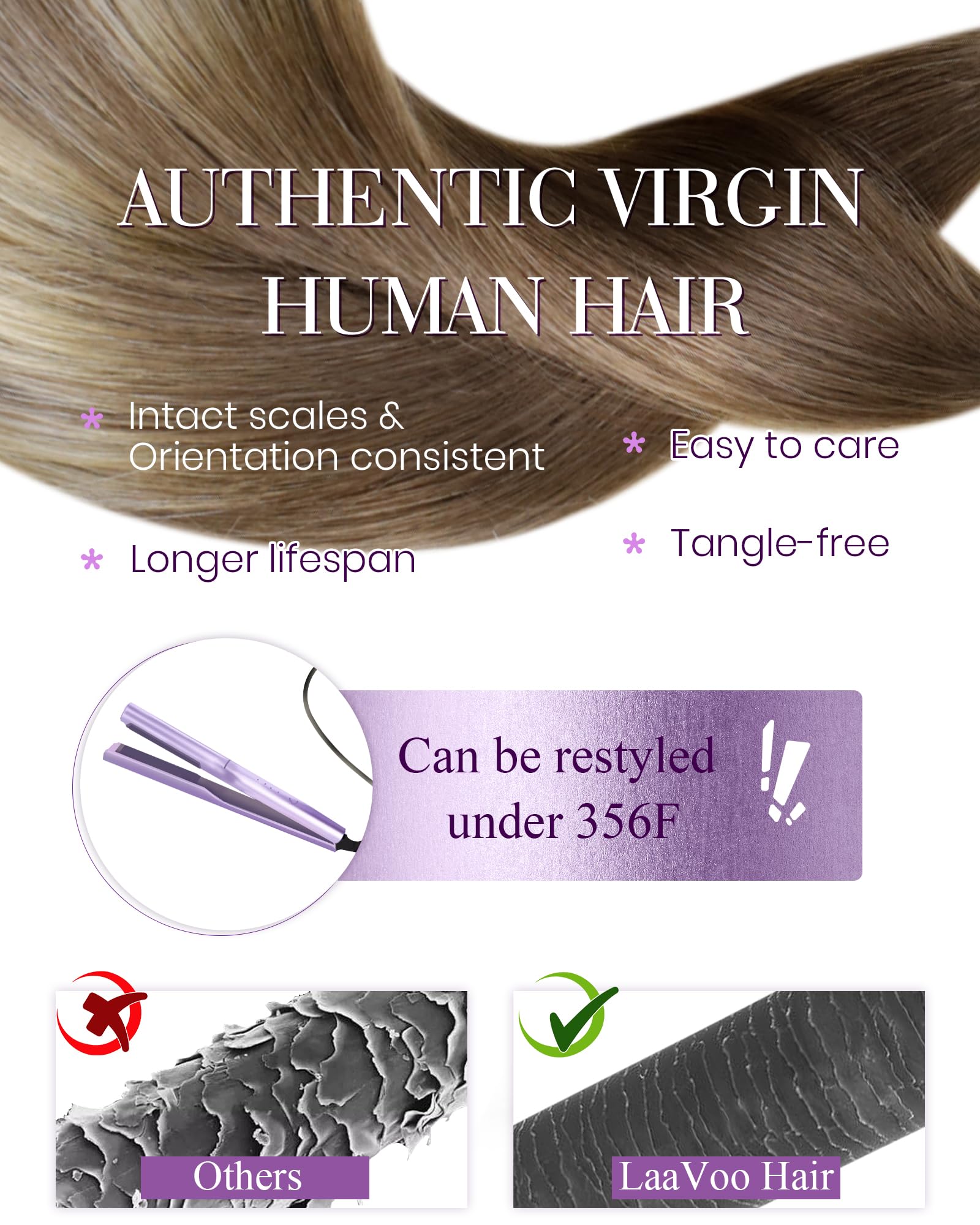 LaaVoo Human Hair Extensions U Tip Real Blonde, Remy Straight Balayage Light Brown to Bleach Blonde Real Hair Extensions, Hot Fusion for Invisible & Stable 50s 50g 16 Inch #8/59 - Image 4