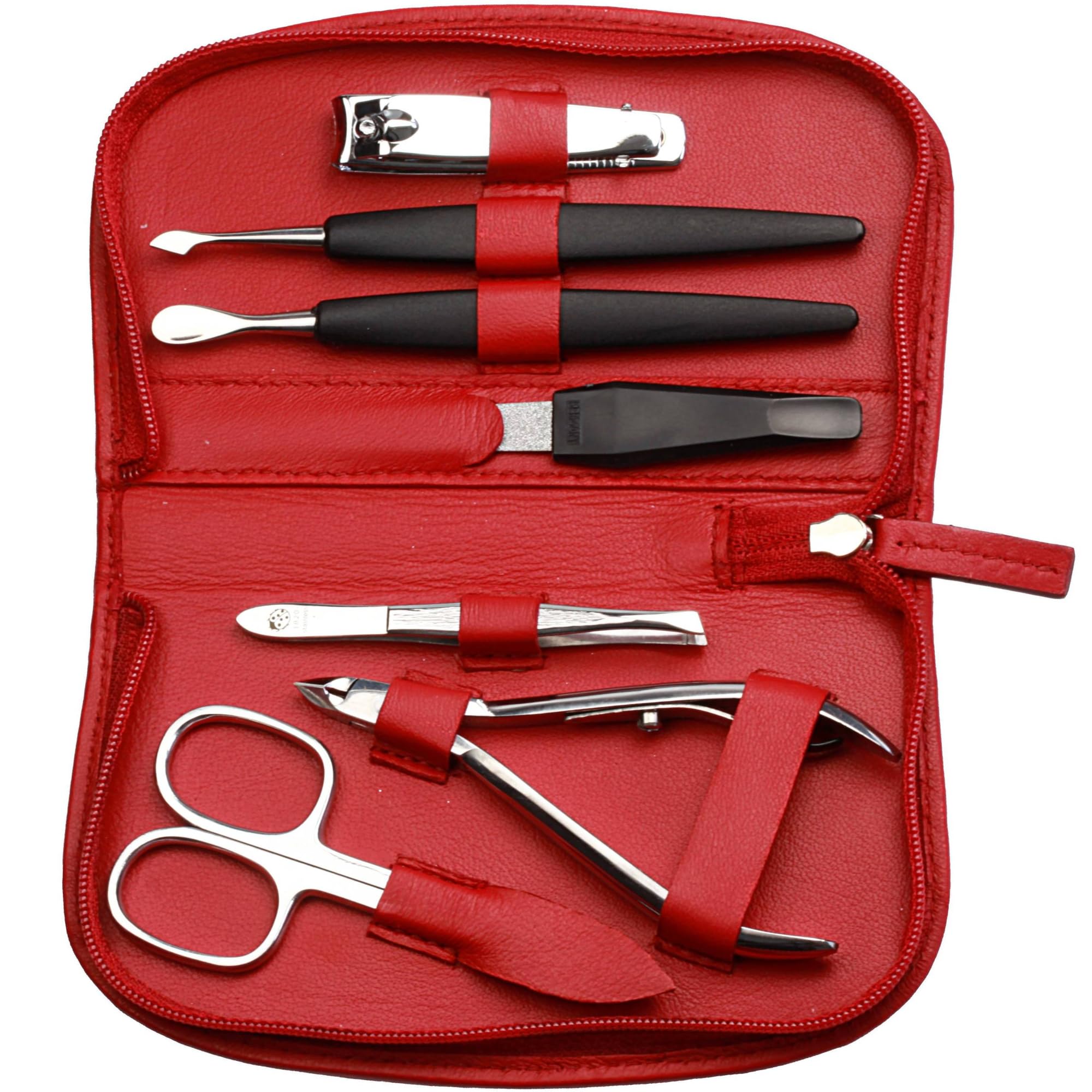 Sonnenschein by Hans Kniebes | Maniküre Set 7 teilig | Nagelschere, Hautzange, Nagelknipser, Nagelfeile, Pinzette, Nageldrücker, Nagelmesser | Nagelpflegeset Nappa-Lammleder Manicure Etui (Rot)