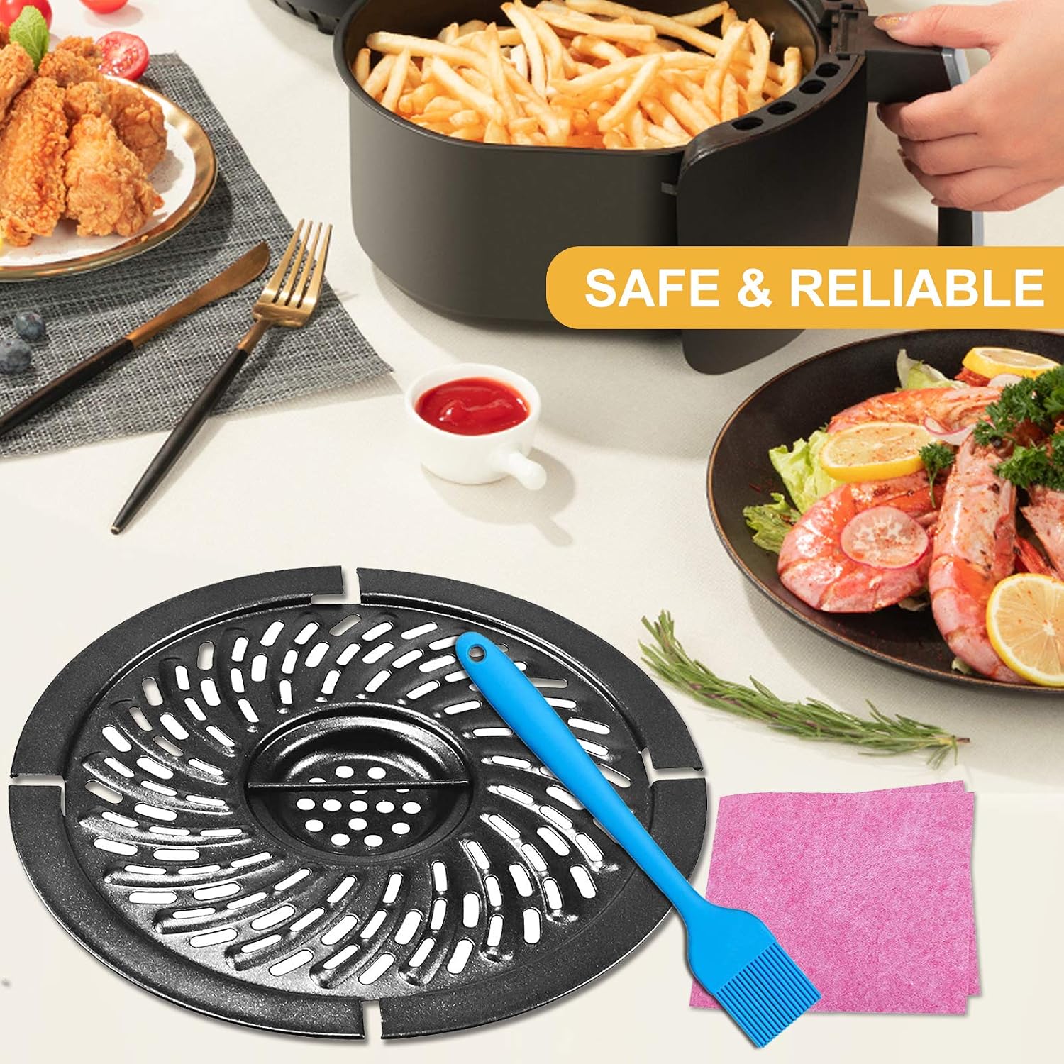 Air Fryer Replacement Parts, 2QT 2.1QT Round Air Fryer Grill Pan Crisper Plate Tray Accessories Rack with Rubber Bumpers for Elite Gourmet Gowise Chefman Dash Power, Non-Stick, Dishwasher Safe