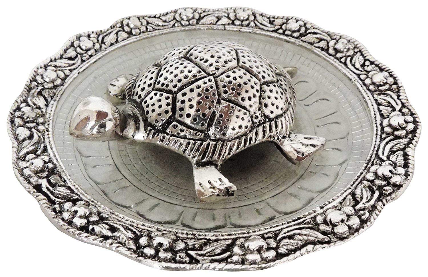 Craft Item Silver Plated Feng Shui Turtle, Good Luck Tortoise in Glass Plate, Metalic Decorative showpiece-Item Size:14 x14x3cm