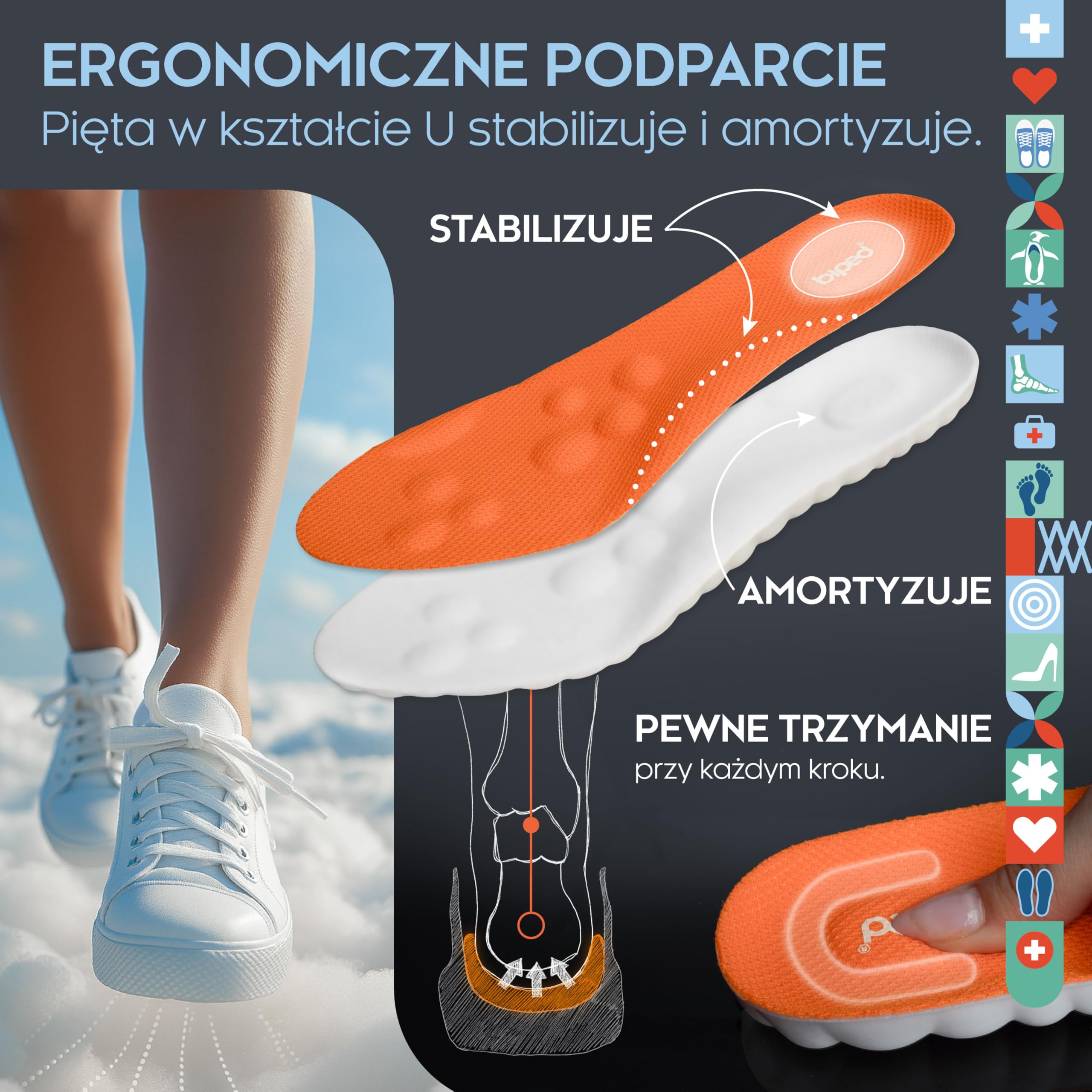 biped wkładki Cloud wyjątkowo miękkie do sportu, codziennego użytku i butów roboczych – Ortopedyczne amortyzujące wkładki z poduszką piętową – Pianka masująca z2938(orange,36-38)