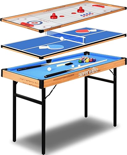 SereneLife Mesa de juego múltiple 4 en 1, juegos de arcade deportivos portátiles plegables de 4 x 2 pies con accesorios, ping pong, hockey aéreo,