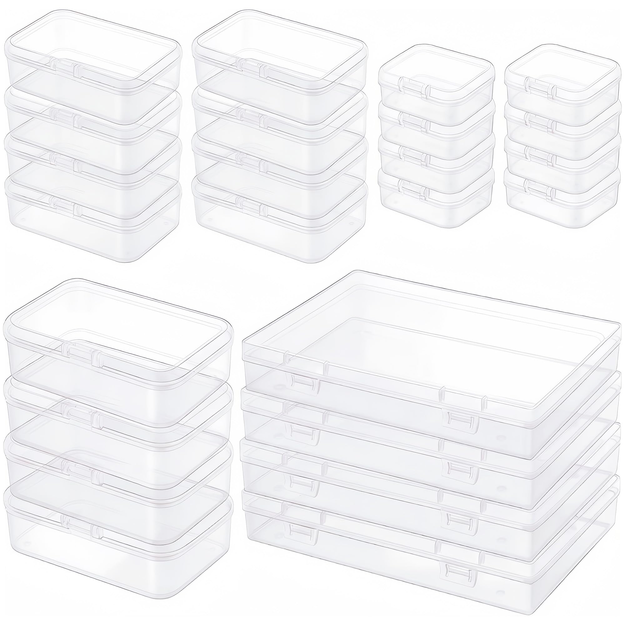 LJY 24 Clear Plastic Storage Boxes with Hinged Lids, 4 Sizes