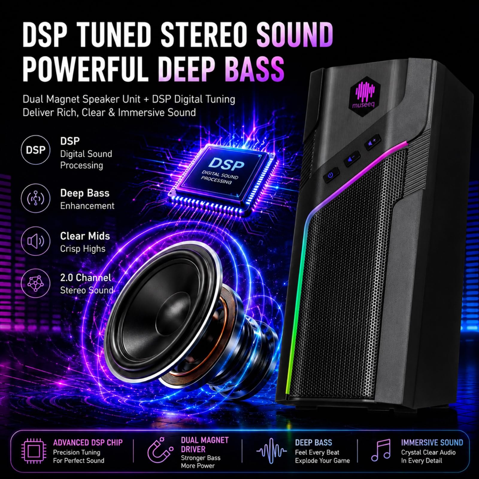 Altoparlanti Bluetooth RGB da scrivania, altoparlanti stereo per computer a 2.0 canali con 21 modalità di luce LED, suono dei bassi migliorato, alimentazione USB con AUX da 3,5 mm per giochi