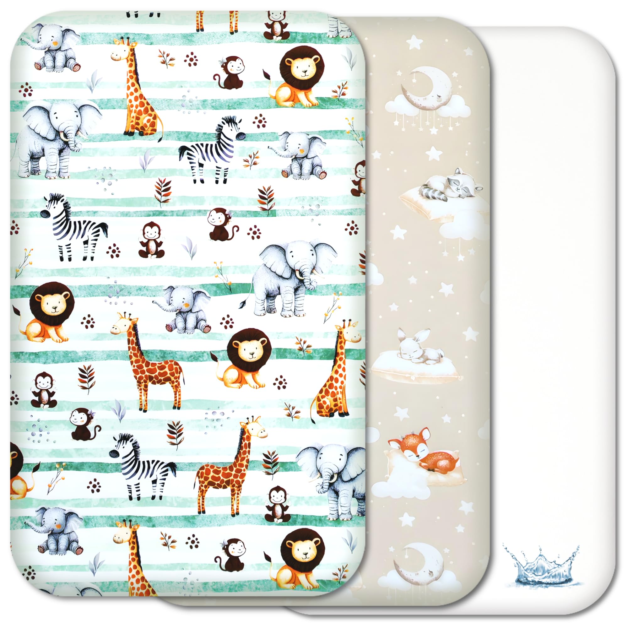Next to me Baby Crib Sheets – 3pc Baby Bed Set with 2 Fitted Sheets and 1 Waterproof Mattress Protector – 100% Cotton Fitted Crib Sheets – 83 x 50cm (Safari | SET1p-2pcs(a), 50x83 cm)