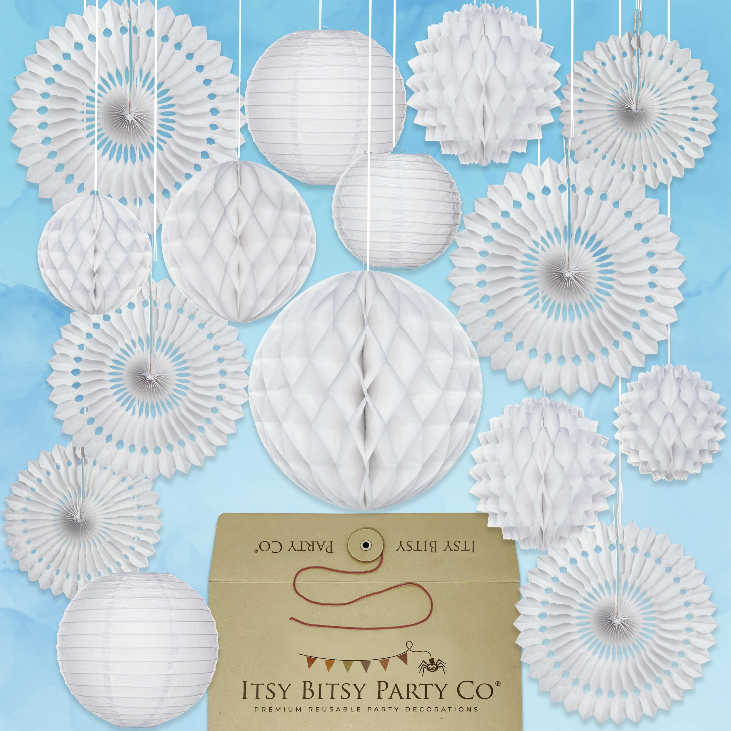 Premium Reusable White Party Decorations - 15pc Paper Decorations for Parties, Birthdays, Weddings, Engagements, Baby Showers - Paper Fans, Pom Poms, Lanterns, Honeycomb Decorations