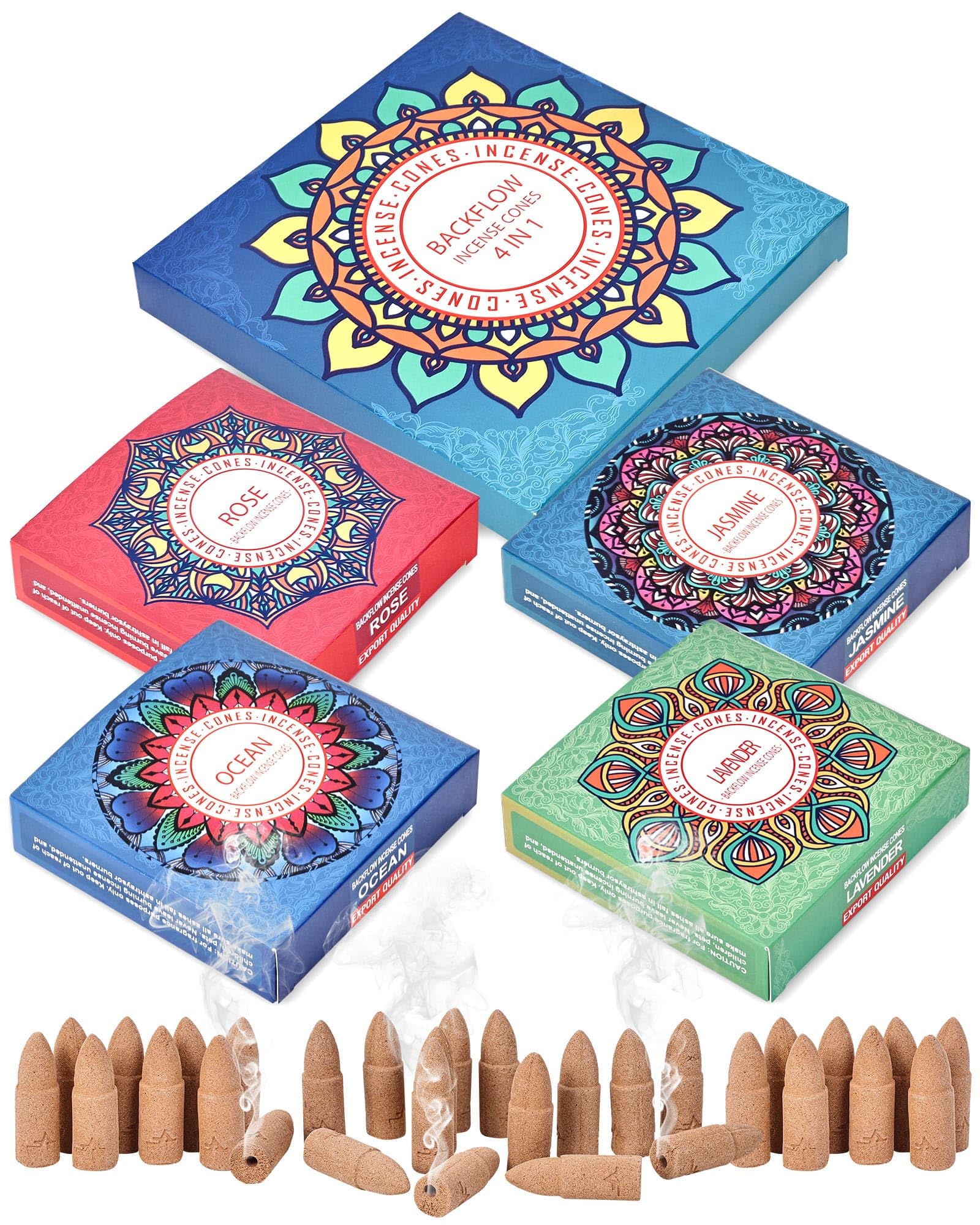 Backflow Incense Cones Gift Set Rose, Jasmine, Ocean, Lavender Variety Pack - 60 Large Back Flow Incense Cones Scented