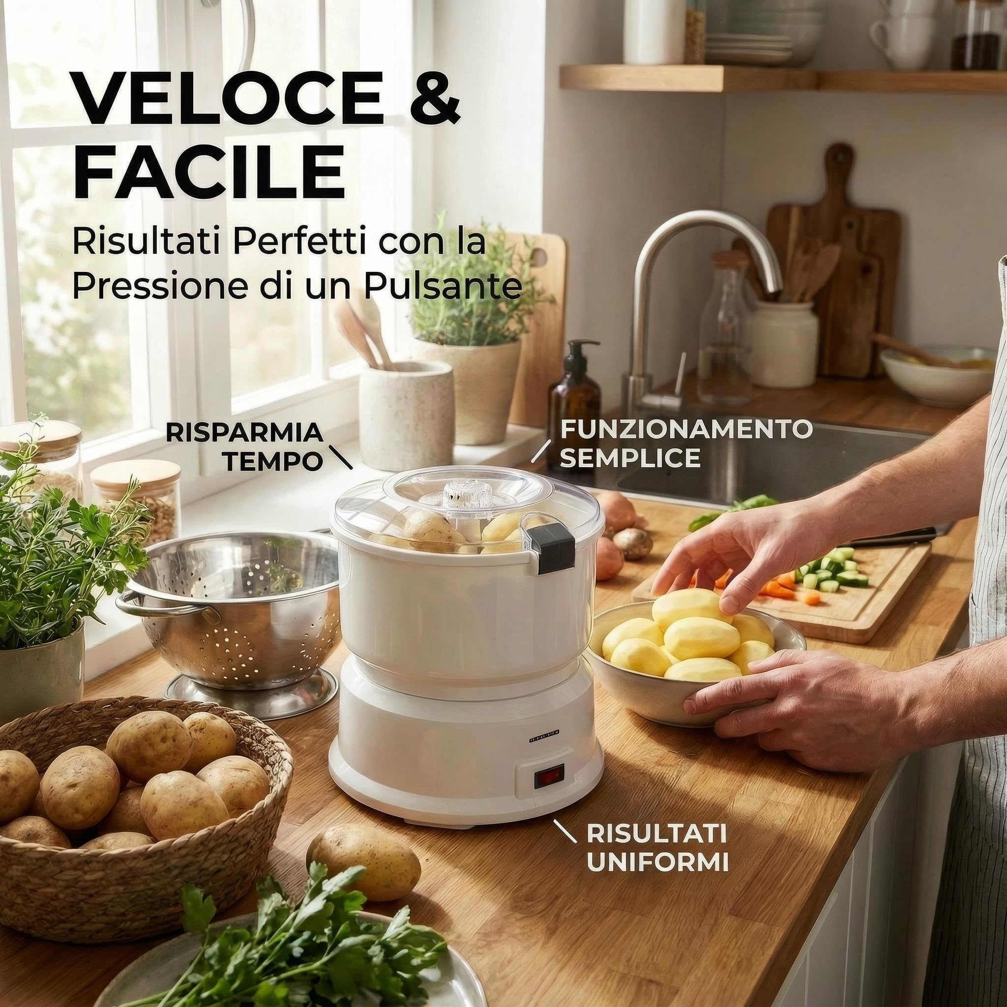 MELISSA 16220008 Pela Patate Elettrico, Pelatore Elettrico - capacità 1 kg, con centrifuga per insalata, 85 Watt, colore - Bianco | Pelapatate con centrifuga per insalata e verdure, capacità 1 kg, 85 Watt, bianco