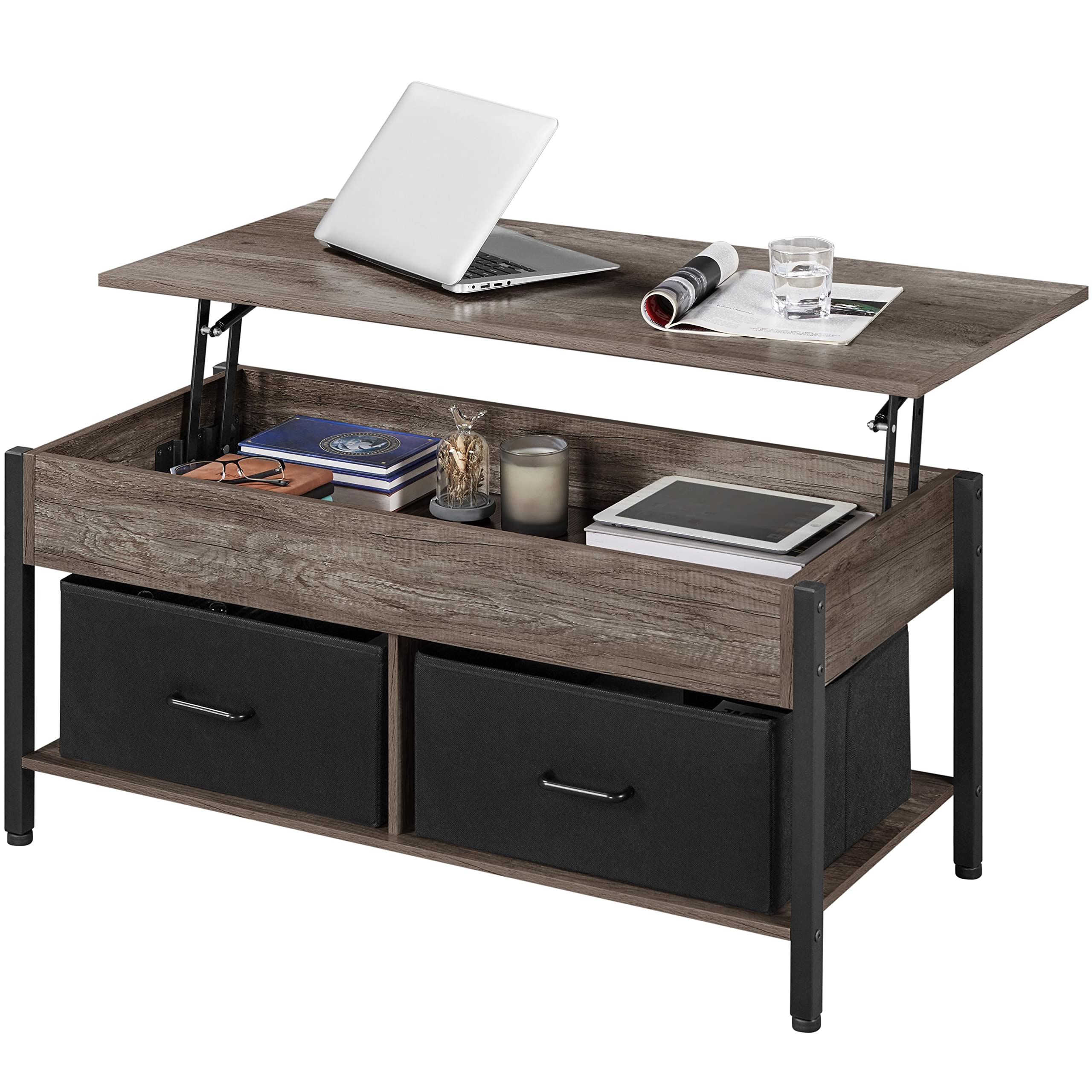 Yaheetech Lift Top Coffee Table with Storage Compartment and 2 Fabric Baskets, Wooden Lift up Center Table for Living Room/Office, Taupe Wood