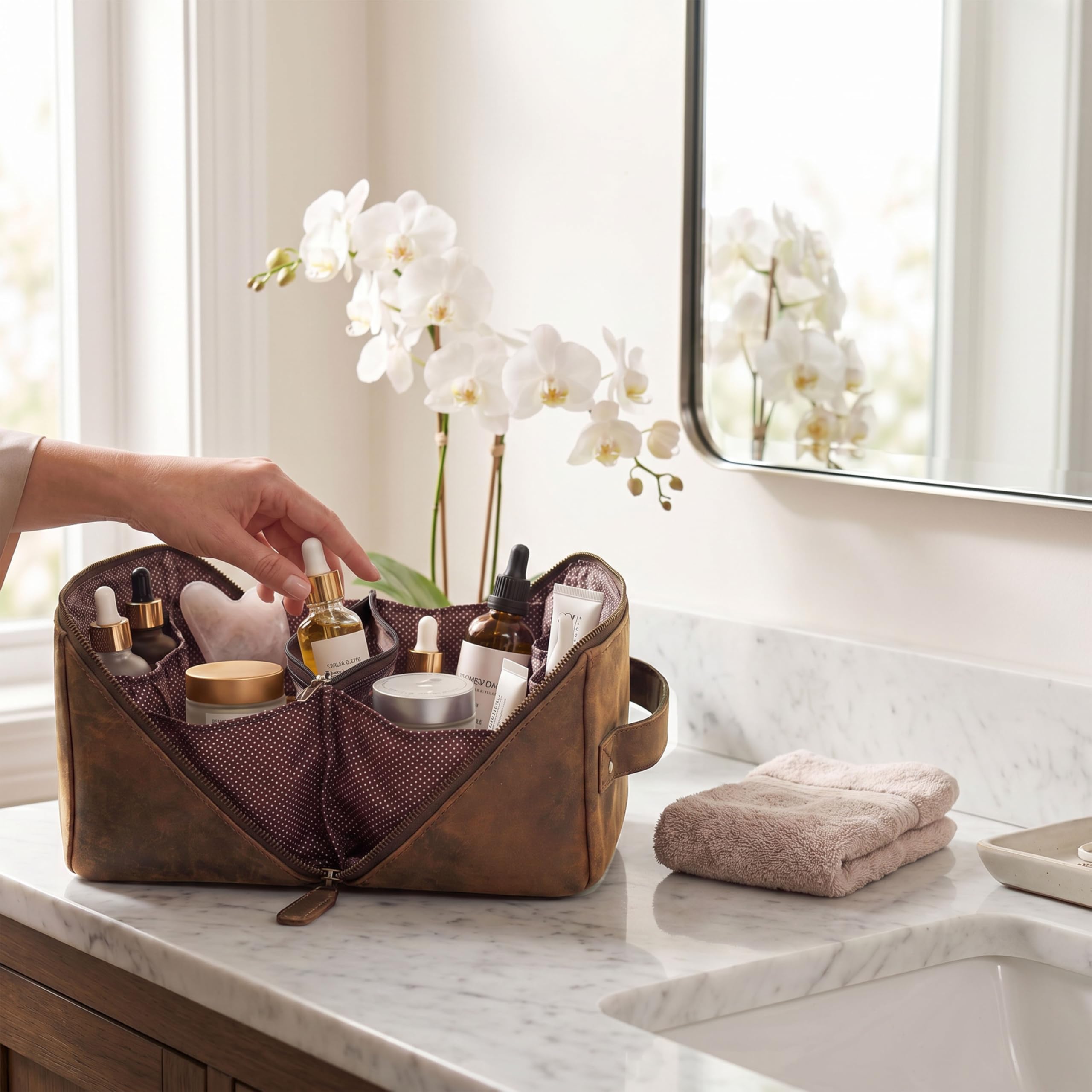 LEATHER VILLAGE Reise-Dopp-Set aus echtem Leder für Damen und Herren, offene flache Kosmetiktasche mit großem Fassungsvermögen und wasserabweisendem Futter, für Hautpflege, Pinsel, Rasur und