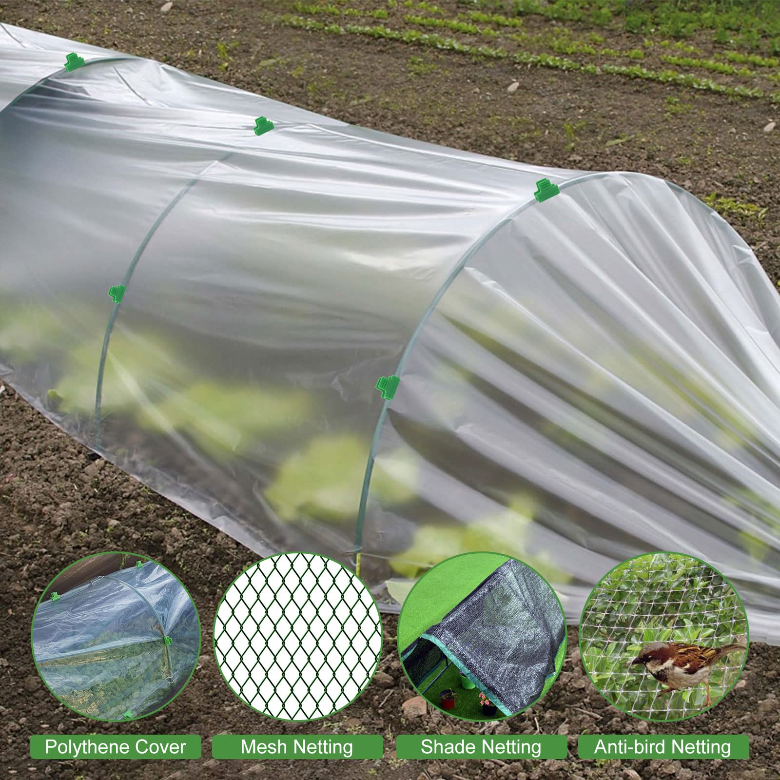 Greenhouse Hoops Grow Tunnel,Garden Hoops 8 Sets(41.3" x 31.5" ) Rustproof Plastic Coated Steel Support Frame Greenhouse Hoops for Raised Beds, Garden Tunnel Row Cover Hoops Kit with 24 Pcs Clamps