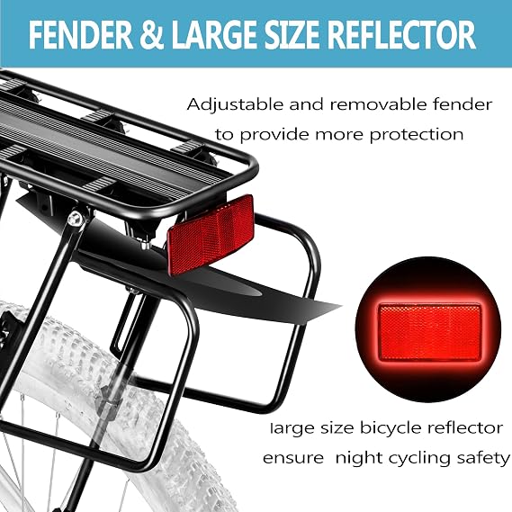 Rear Bike Rack,100KG Capacity Solid Bearings Bike Cargo Rack w/Fender & Large Size Reflective,Quick Release Mountain Road Bicycle Rear Racks,Universal Bike Luggage Touring Carrier Rack,BCR06-EU