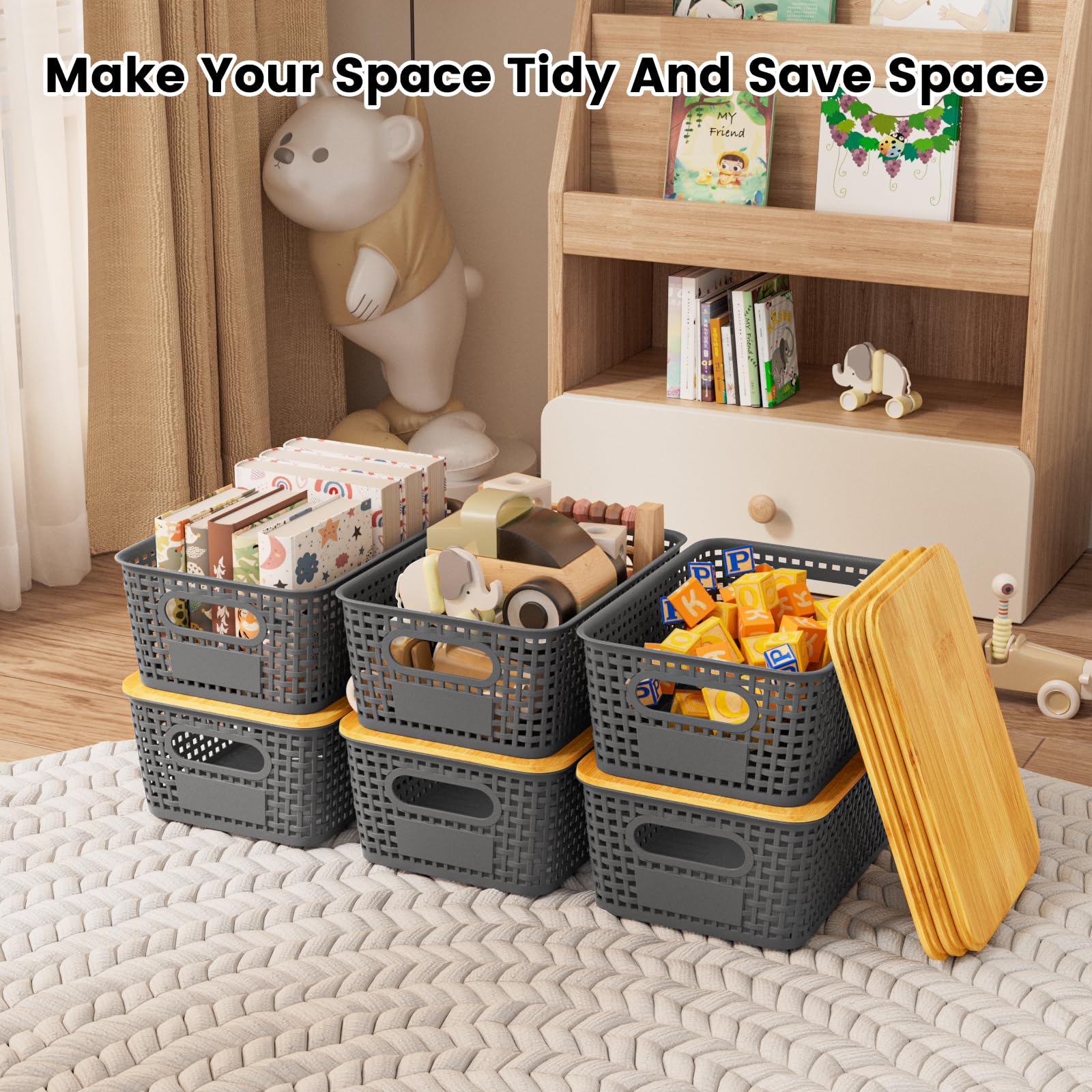 Shrivee Set di 6 5L Scatole portaoggetti di Plastica con Bambù Coperchio Impilabili Salvaspazio Storage Cestini per Bagno Cucina Armadio Ufficio