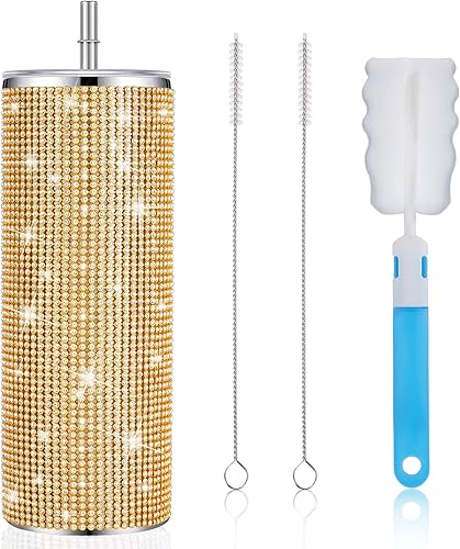Tessco Vasos Tumbler con Pedrería Brillante con Pajita Botella de Agua con Purpurina Vaso Tumbler de Acero Inoxidable con Pajita Vaso Aislado con