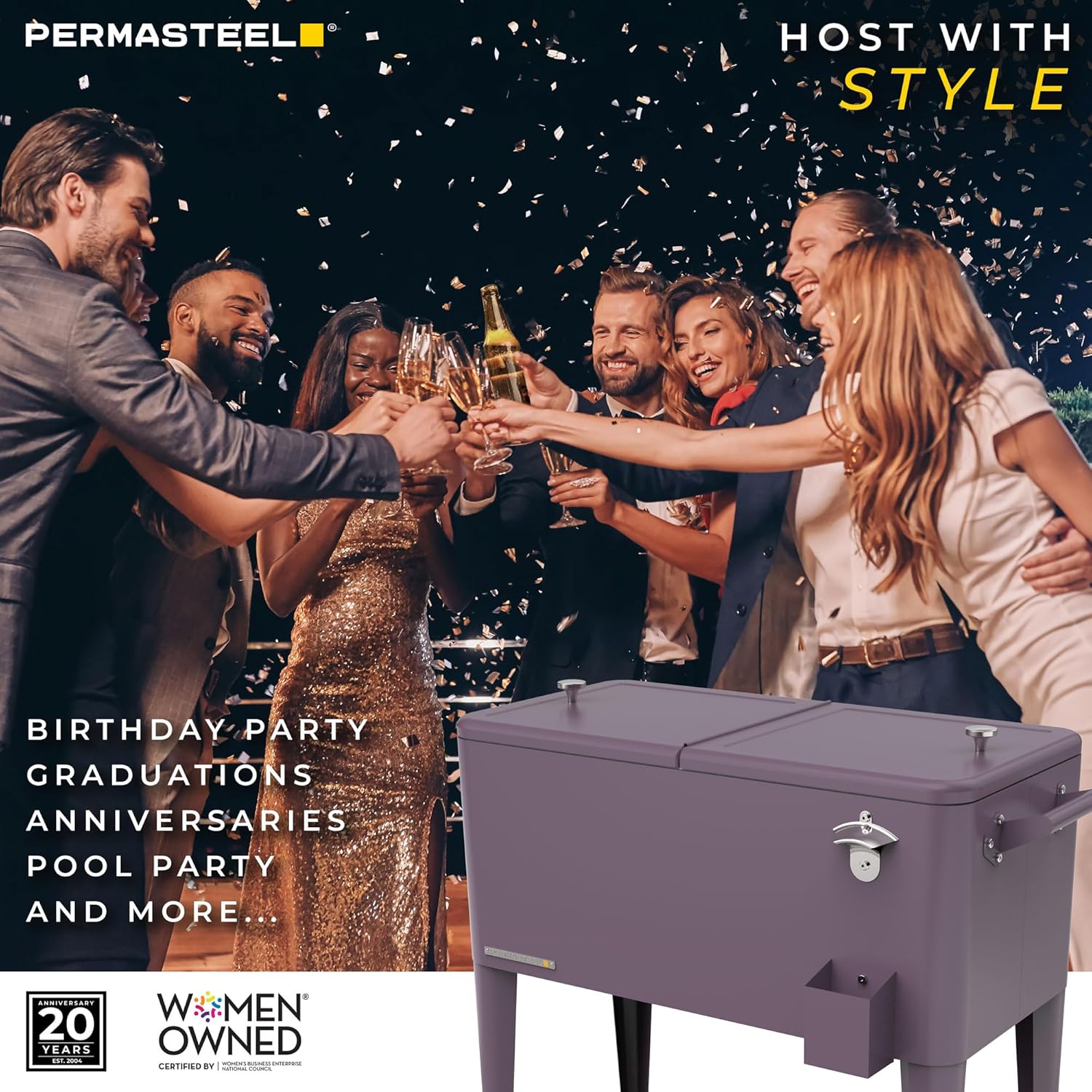 Permasteel Party Cooler with Divider, Spacious 80-Qt Capacity, Chills 36hrs, Serving Tray, Rolling Ice Chest for Indoor and Outdoor Entertainment