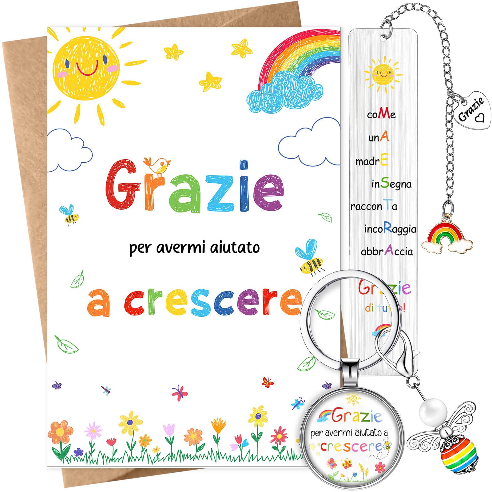 Set Regalo Ringraziamento Per Insegnanti: 3 Portachiavi Con Angelo E Biglietti "Danke"