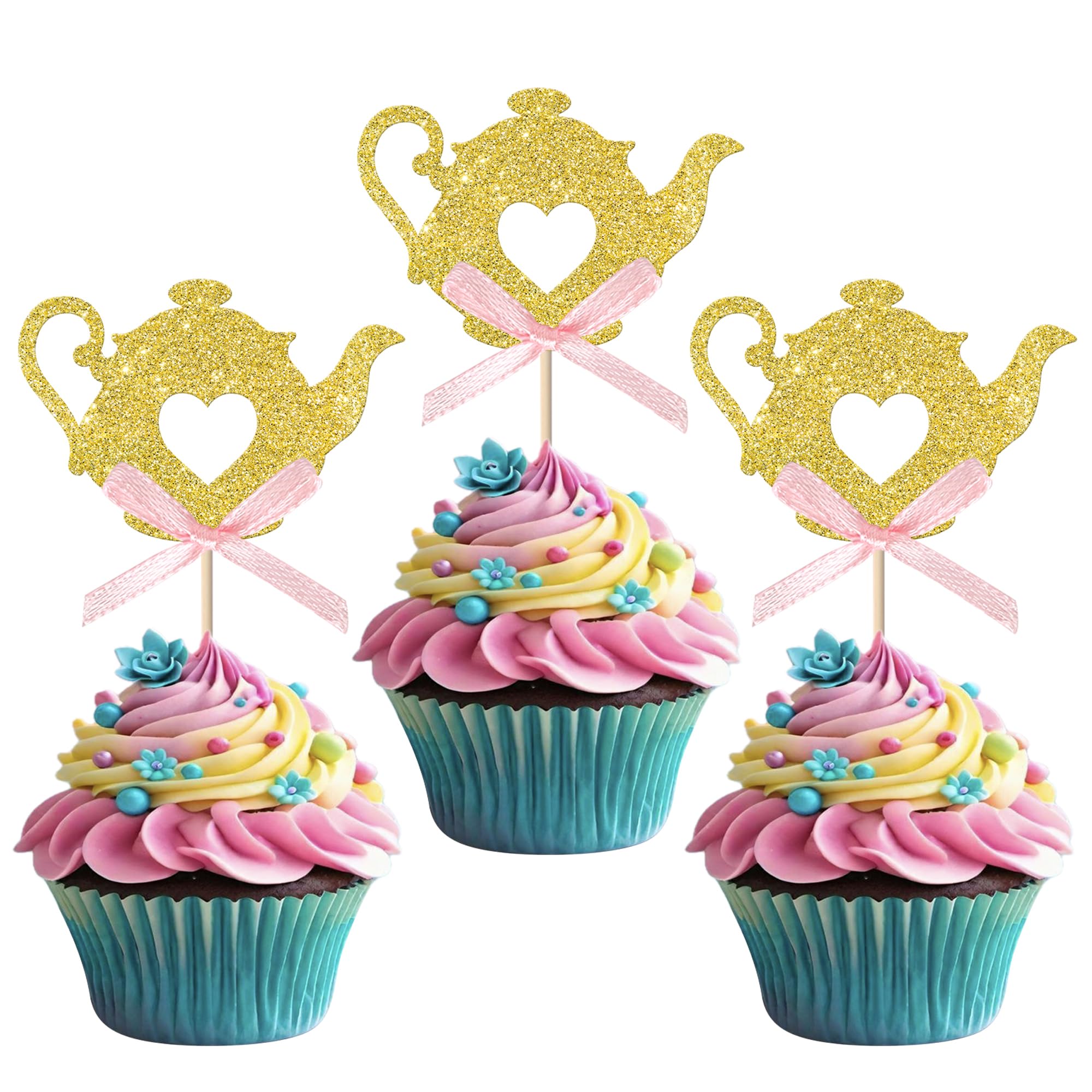 SYKYCTCY 24 Pack Teapot Cupcake Toppers Tea Party Cake Decorations Teapot Dessert Cupcake Picks for Afternoon Tea Theme Baby Shower Kids Birthday Party Cake Food Decorations Supplies