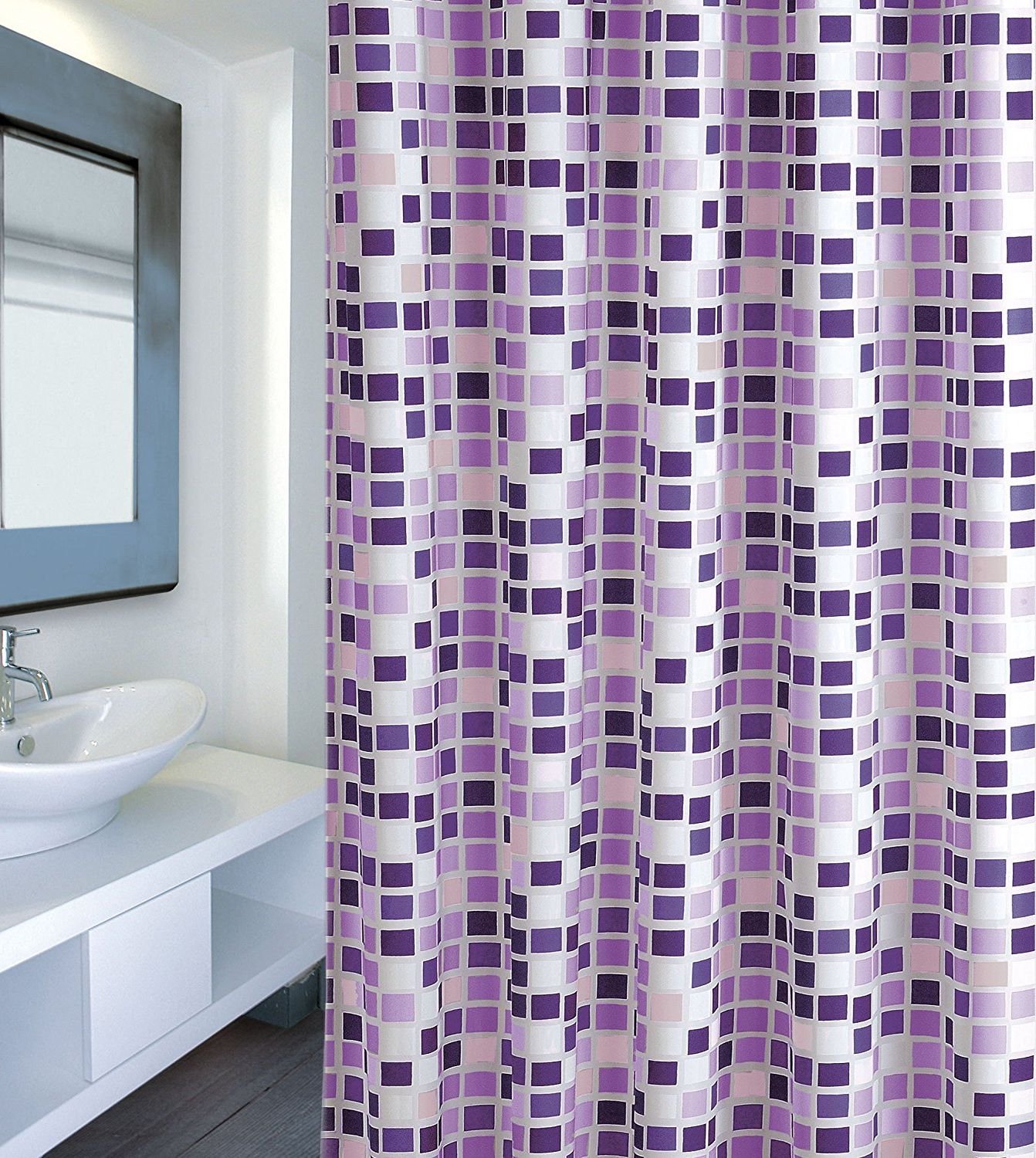 MSV Cotexsa By Premium Antischimmel Textiel Douchegordijn Antibacterieel Wasbaar 100 Waterdicht Met 12 Douchegordijnringen Polyesterquadro Wit Blauw 180x200cm Made In Spain