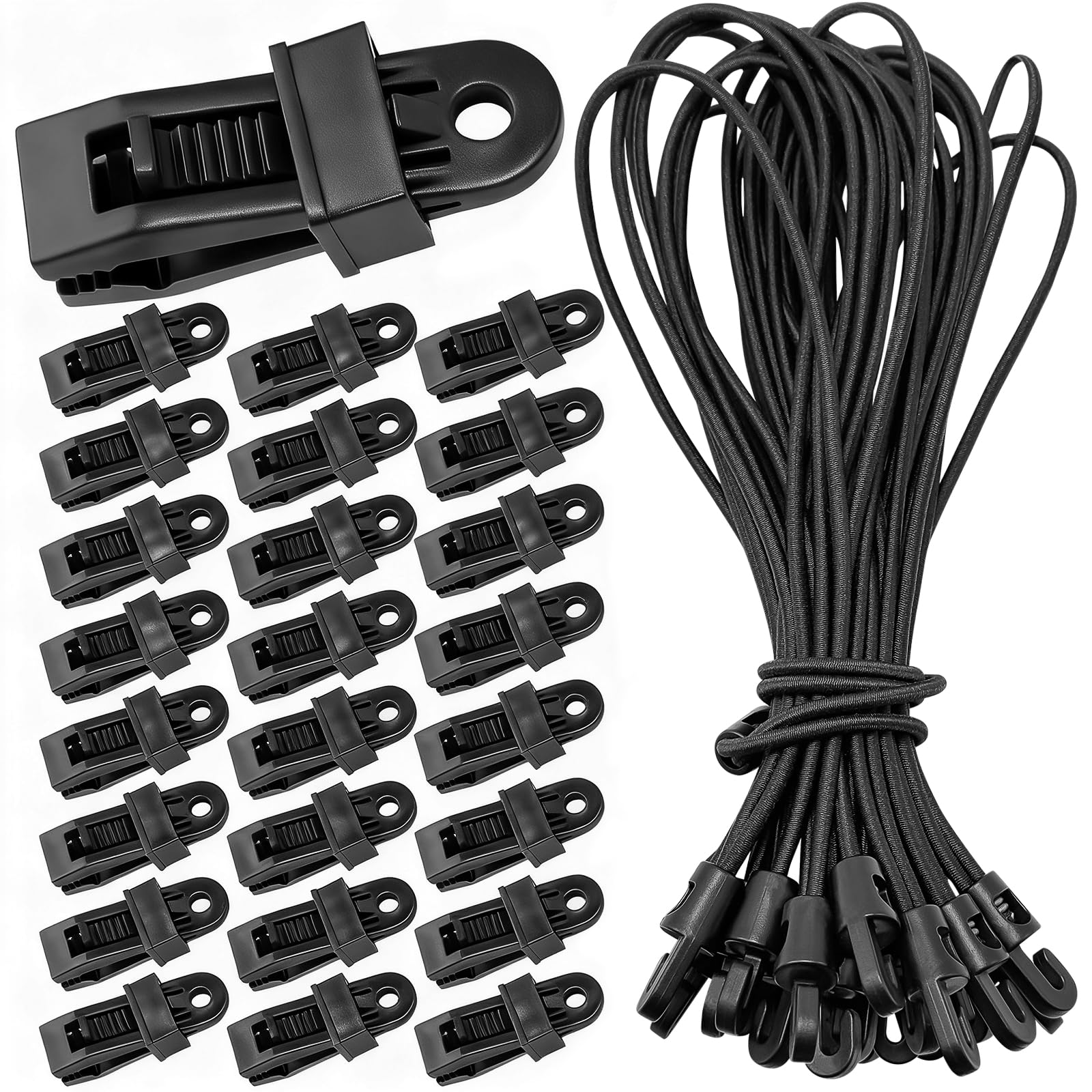 Set di 50 mollette per telone, 25 pezzi gomma per tendere con ganci e 25 tenda campeggio morsetto, fissaggi multifunzionali per amache, per amache, campeggio, picnic, escursionismo