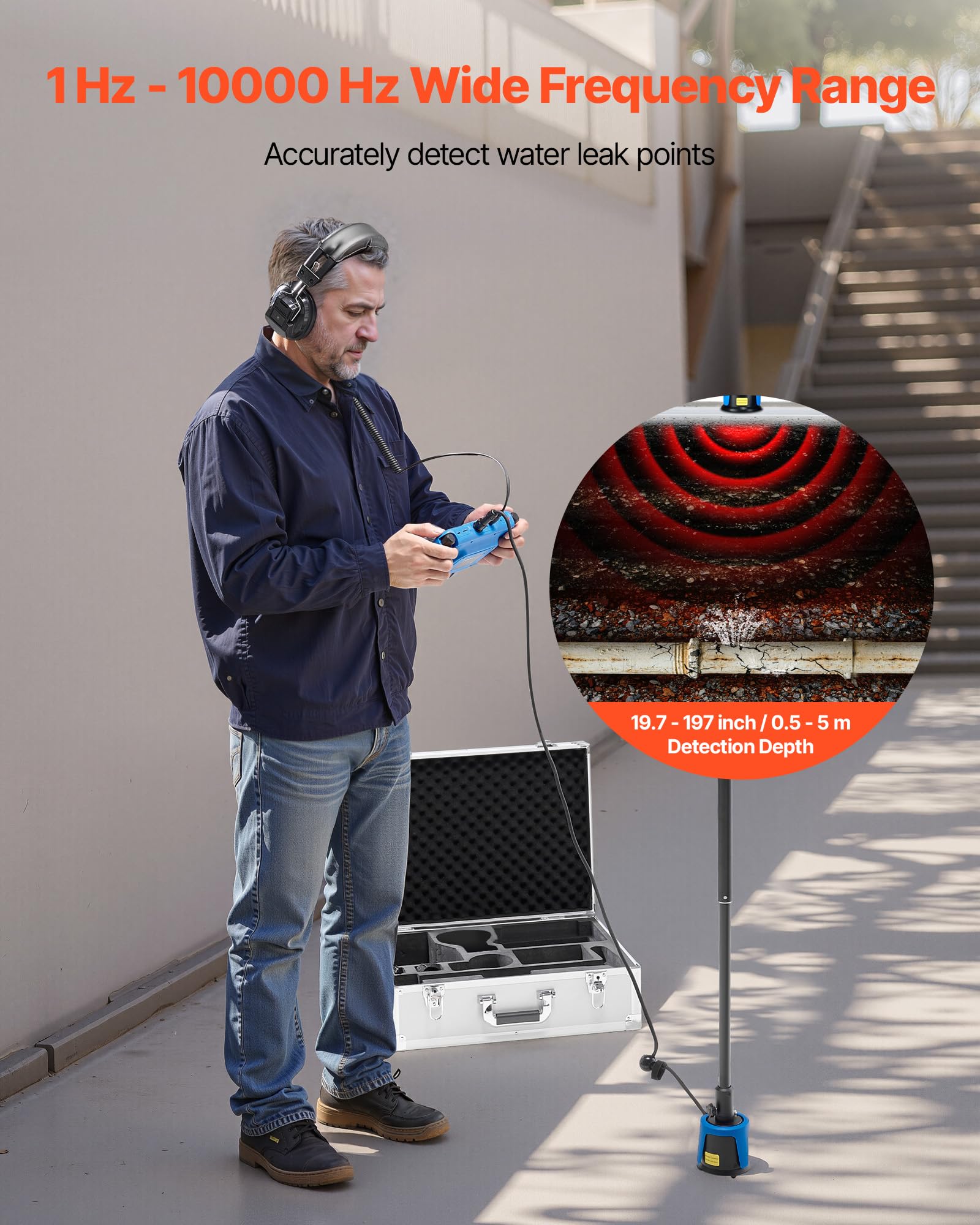 VEVOR Détecteur de Fuite d'eau Canalisations Profondeur 0,5-5 m, 1-10000 Hz, Écran Tactile LCD, avec 4 Capteurs, 3 Sondes d'Écoute, Casque, Carte SD 8 Go, Étui Transport, pour Plomberie Souterraine