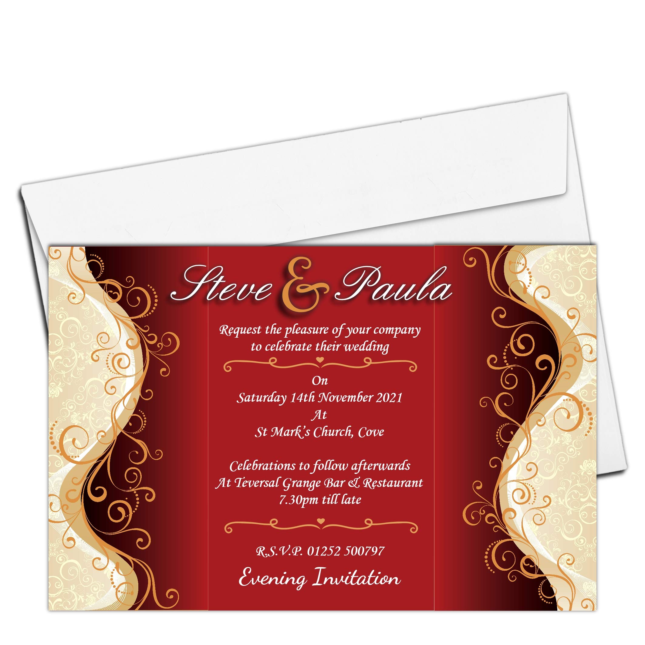 Invite Designs Ltd 10 Personalised Red & Gold Wedding Invitations N32 Day or Evening