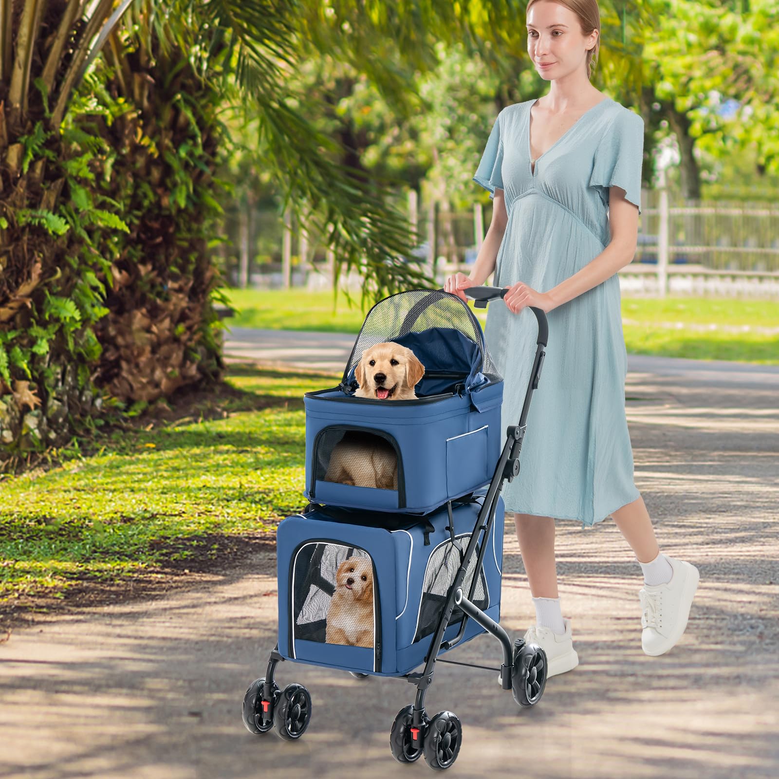 GOPLUS Wózek dla psów 3 w 1, wózek dla psów z 2 zdejmowanymi przegródkami, okno z siatki, zapięcie na rzepy, kółka z hamulcami, zdejmowane poduszki, wózek podróżny dla psów, kotów (niebieski)