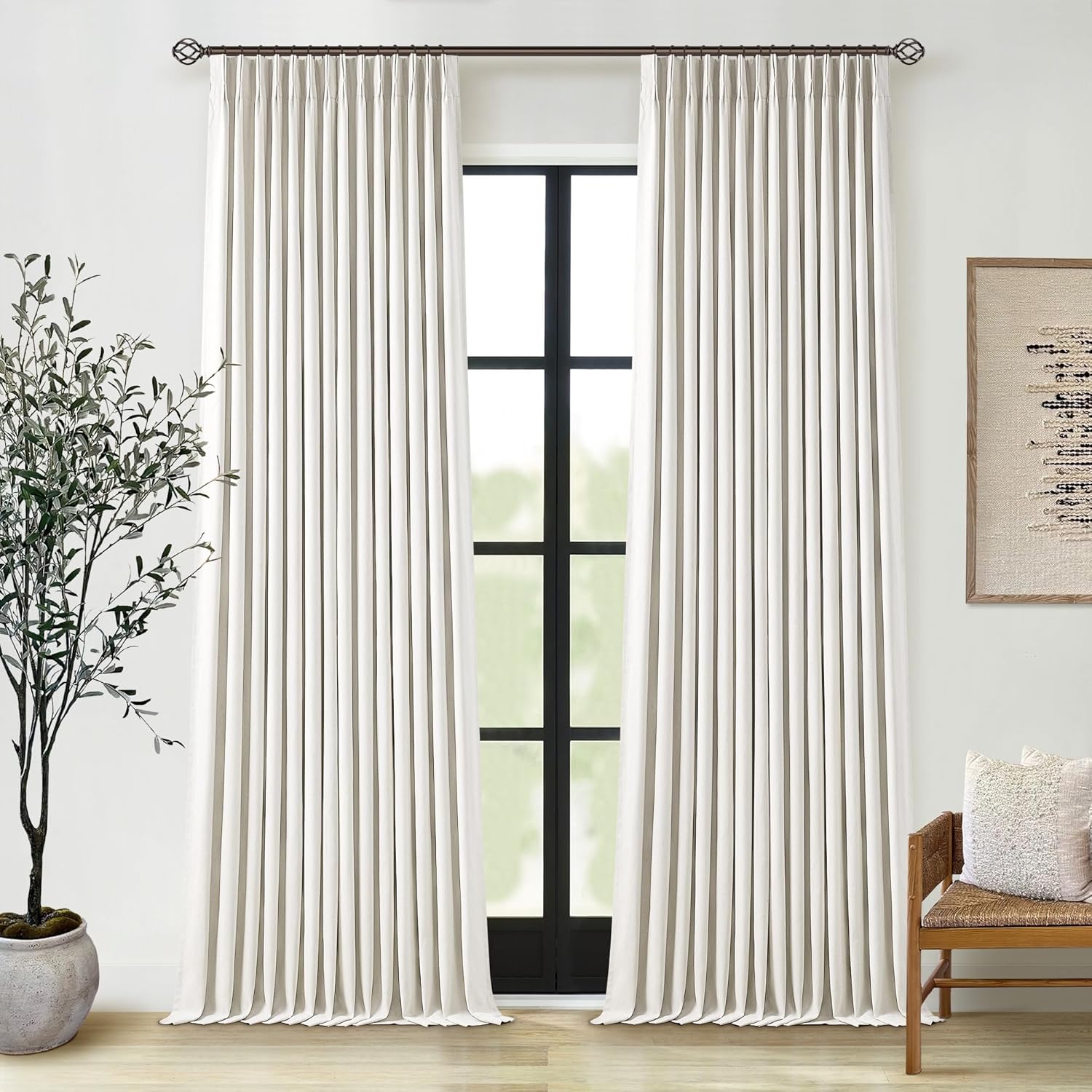 102 Inches Long Pinch Pleated Linen Blackout Curtains for Bedroom Back Tab Track Memory Trained Shape Farmhouse Light Blocking Curtains 102 Inch Length for Living Dining Room Darkening Drapes Cream Natural Linen 40"W x 102"L (Pack of 2)