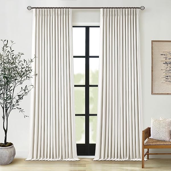 102 Inches Long Pinch Pleated Linen Blackout Curtains for Bedroom Back Tab Track Memory Trained Shape Farmhouse Light Blocking Curtains 102 Inch Length for Living Dining Room Darkening Drapes Cream