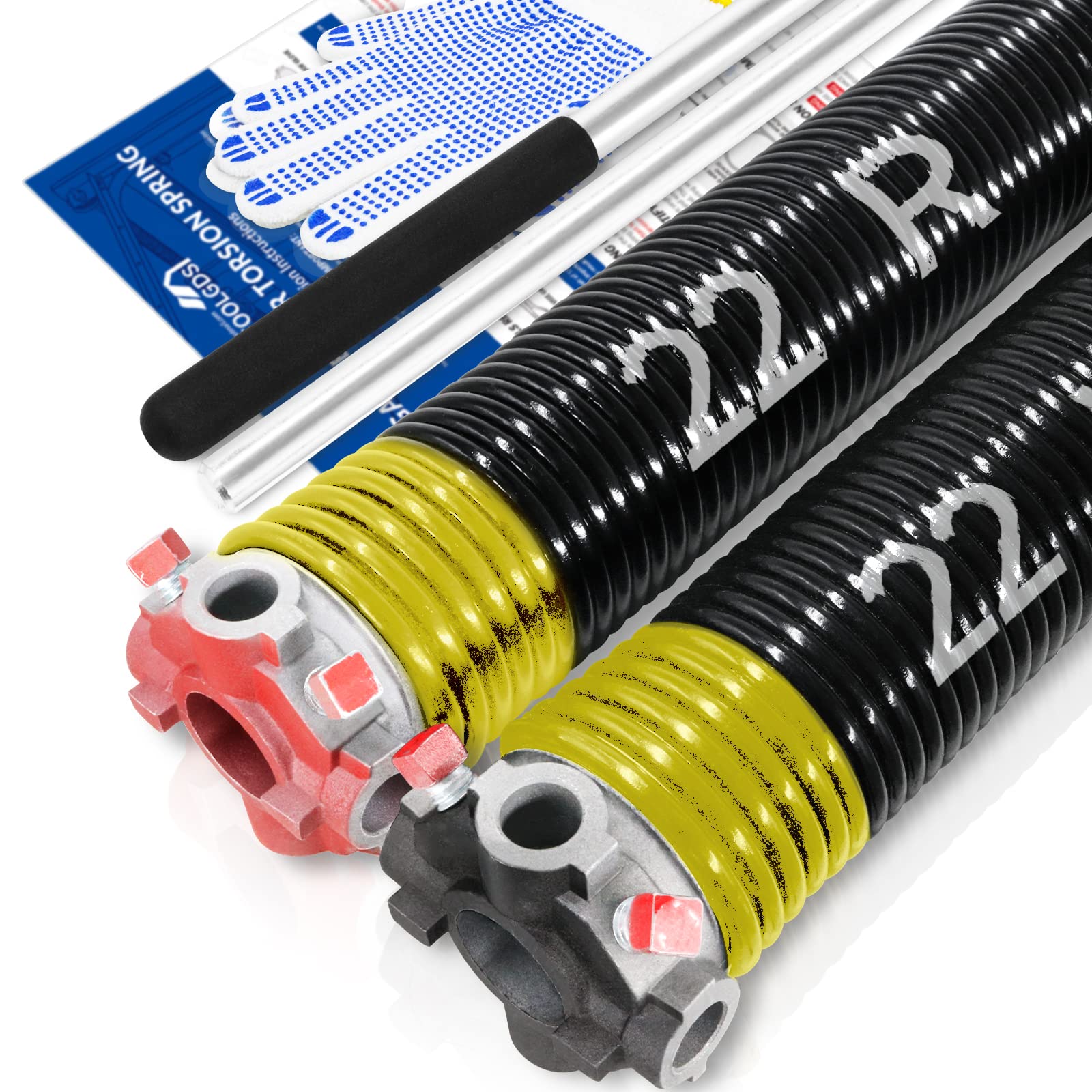 Pair of 2" Garage Door Torsion Springs Set with Non-Slip Winding Bars & Gloves, High Quality Precision Electrophoresis Oil-Free Black Coated for Replacement, Minimum 16,000 Cycles (0.207 x 2" x 22'')