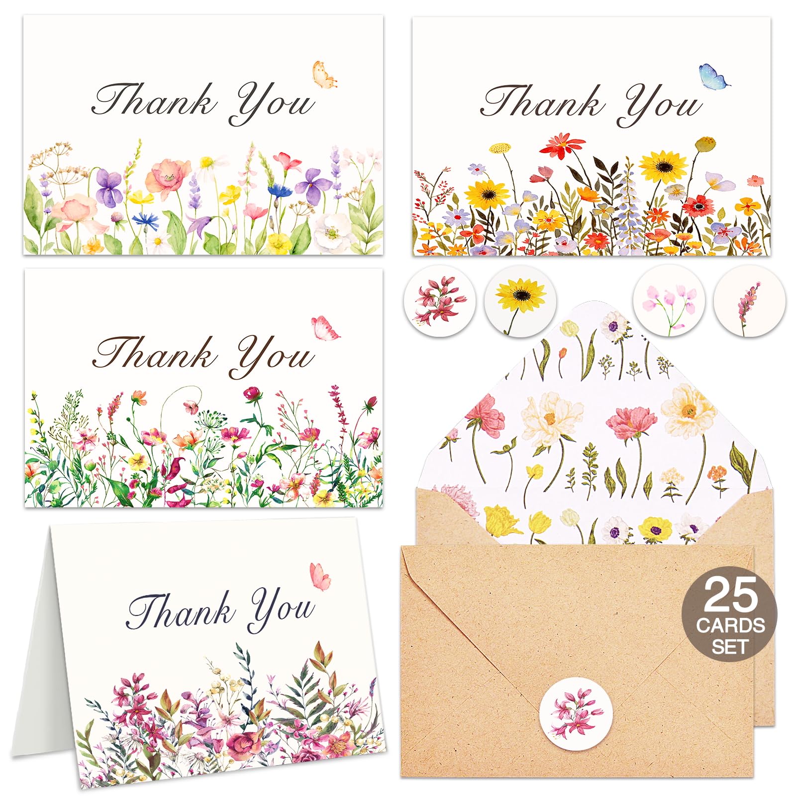 HRFGWDD Tarjetas de agradecimiento florales con sobres, paquete de 25 tarjetas de agradecimiento de flores silvestres de 4 x 6 pulgadas, notas de agradecimiento con sobres y calcomanías para bodas,
