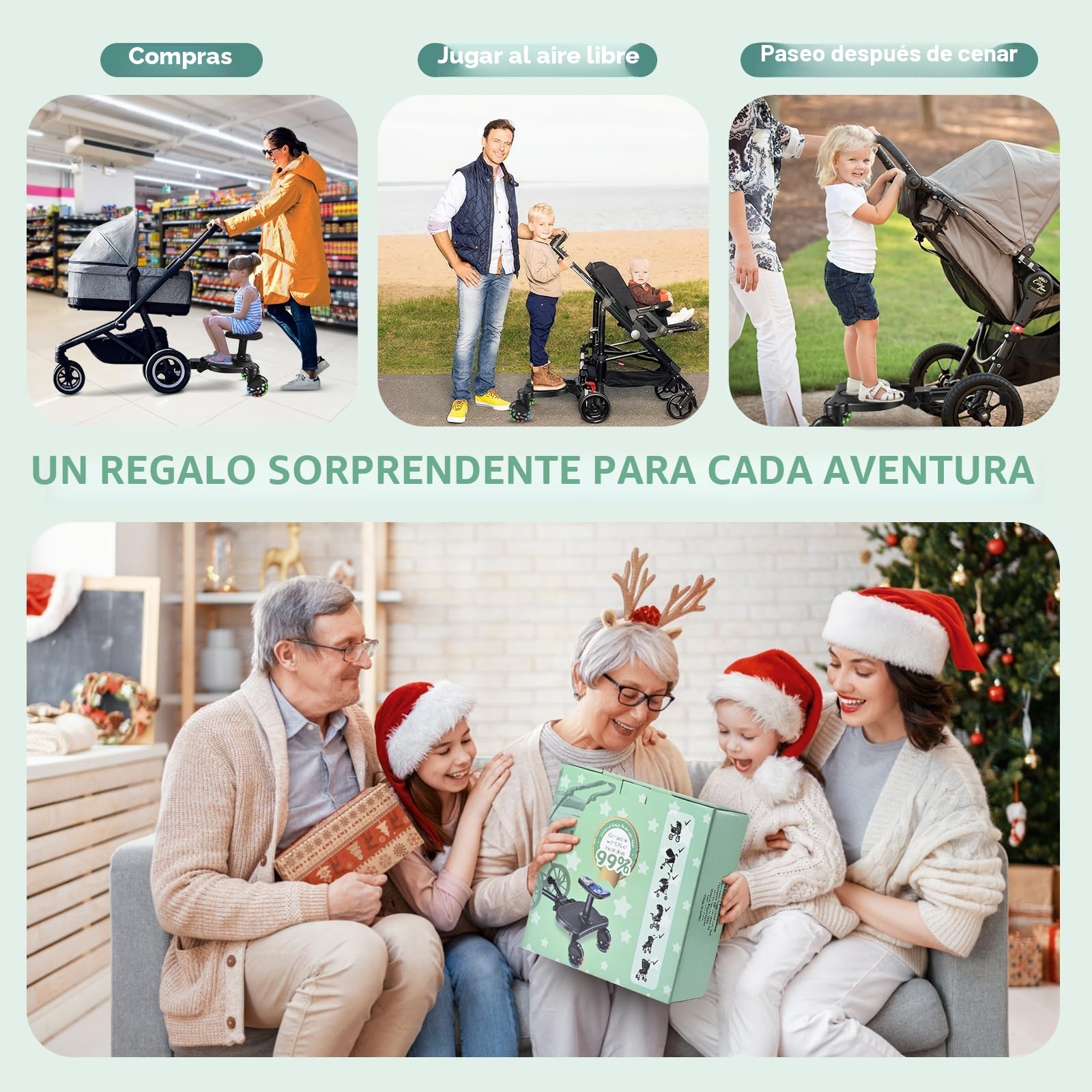 Patinete Carro Bebe Universal, Tabla para Cochecito con Asiento Estampado, Buggy Board con Ruedas Intermitentes, Compatible con Más del 99% de Los Cochecitos, Cargar 25KG
