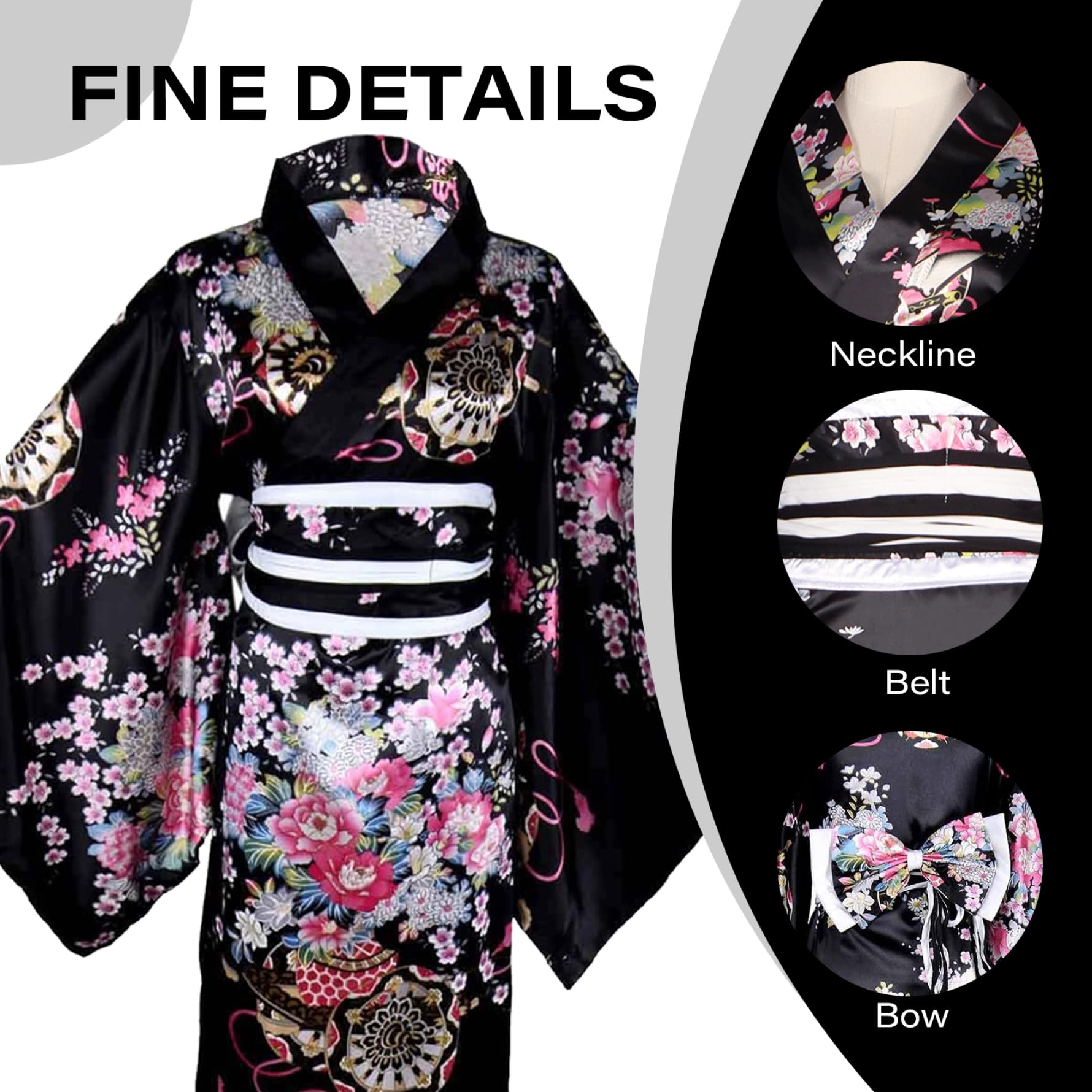 Kimono Japonais Yukata Pour Femmes Motif Floral Silky Confortable Adapté À La Peau Avec Une Ceinture Kyoto Banc De Fleur (Noir)