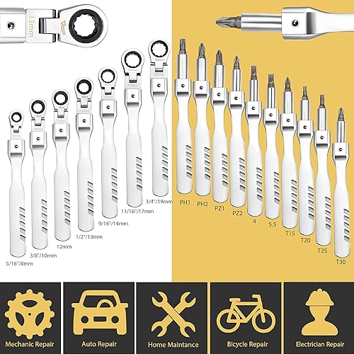 Miniatura 6 de Juego de llaves de trinquete de cabeza flexible juego de llaves combinadas de trinquete métricas 20 piezas juego de llaves de trinquete con cabeza