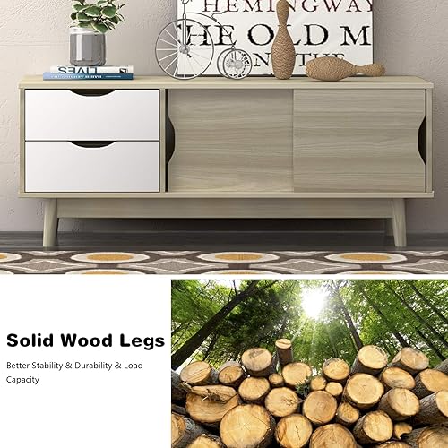 Miniatura 7 de Tangkula Moderno soporte de TV para televisores planos de hasta 60 pulgadas, mesa consola de TV de madera con 2 cajones y 2 puertas corredizas,