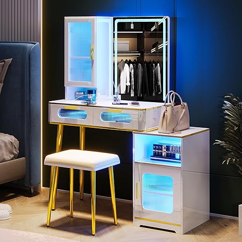 Miniatura 1 de Escritorio LED con espejo y luz, escritorio de maquillaje con estación de carga 3 en 1, juego de tocador con taburete tapizado, mesa de maquillaje