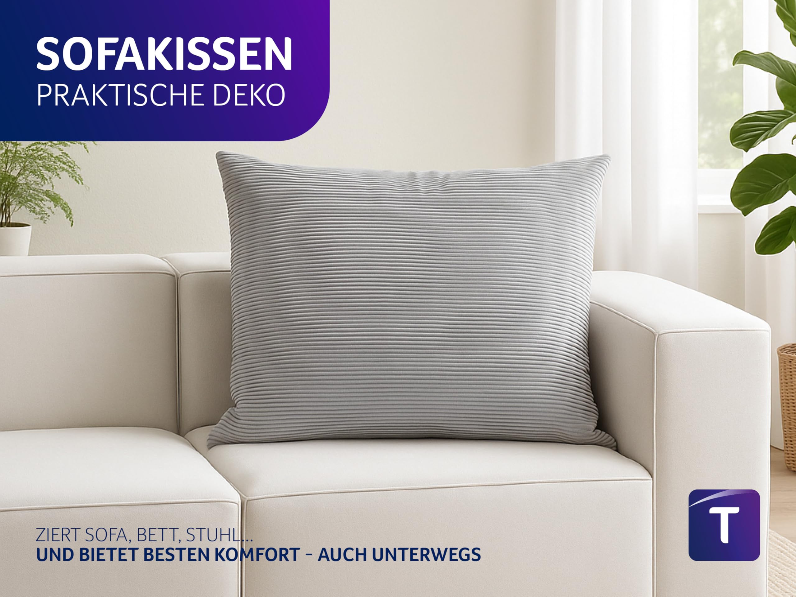 Traumnacht XXL Sofakissen 90x90 cm mit Cord Bezug + 2X Dekokissen 45x45 cm geschenkt, Öko-Tex Zertifiziert, produziert nach deutschem Qualitätsstandard