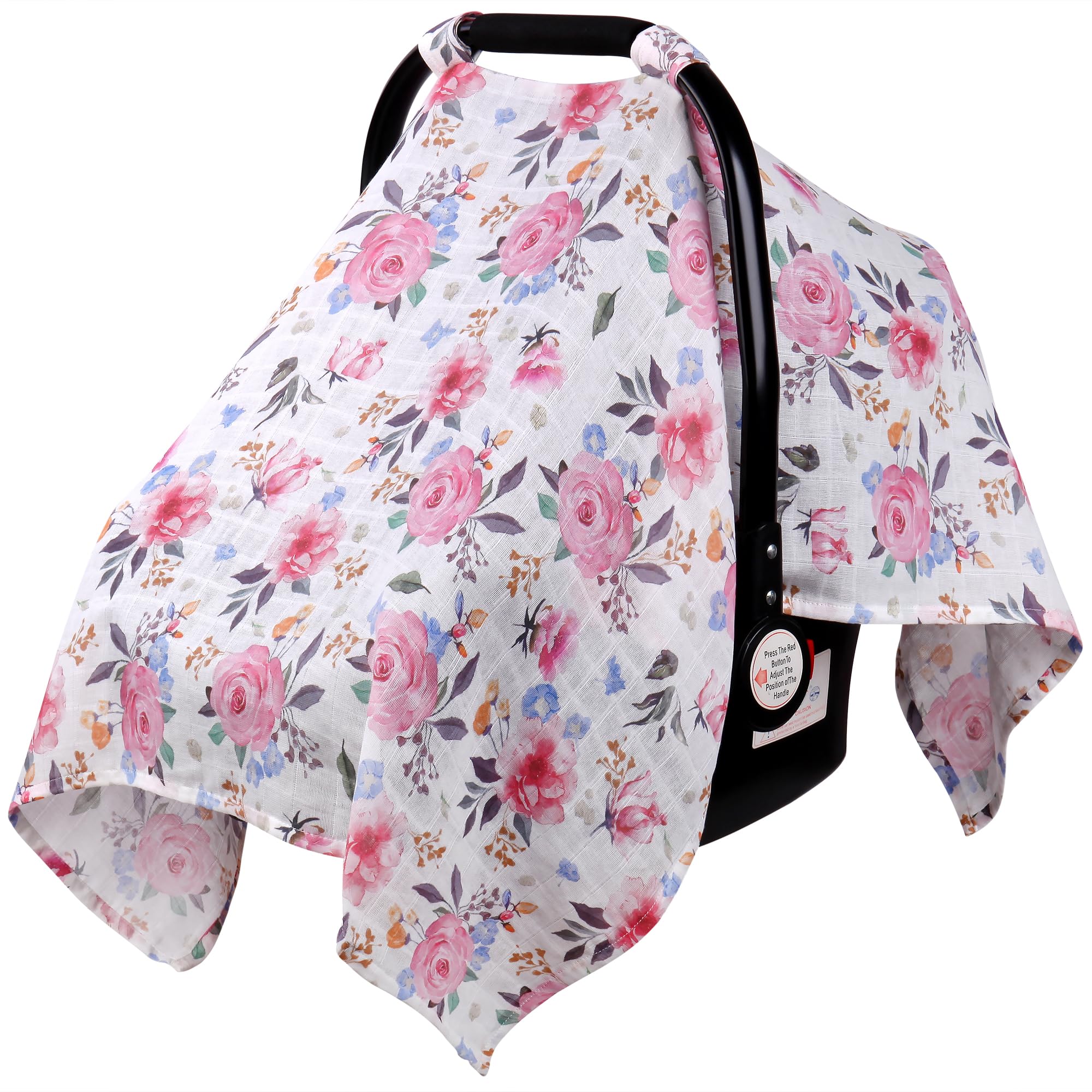 Rquite Muslin Car Seat Cover Baby, Carseat Covers Baby Girl Boy, Breathable Lightweight Infant Car Seat Cover, Baby Carrier Cover Car Seat Canopy
