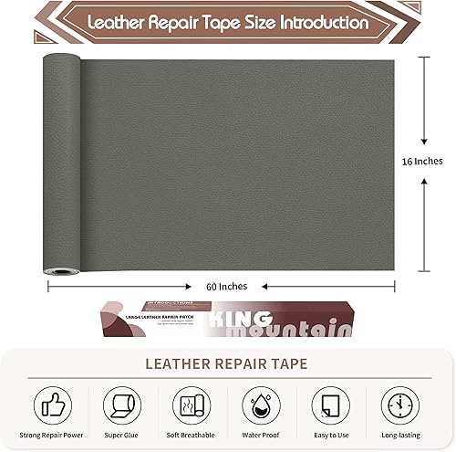 Miniatura 4 de KING MOUNTAIN Parche de reparación de cuero, cinta de reparación de cuero autoadhesiva de 16 x 60 pulgadas para muebles de cuero dañados, asientos