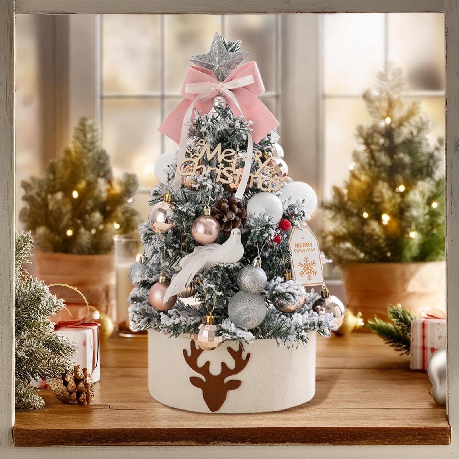 Sapin De Noël De Table - Sapin de Noël de Bureau 45cm avec Lumière | Intégrée,Décoration Floquée pour Table Foyer Fenêtre Porche Décor Hivernale - Décoration d'hiver et Fêtes pour Maison