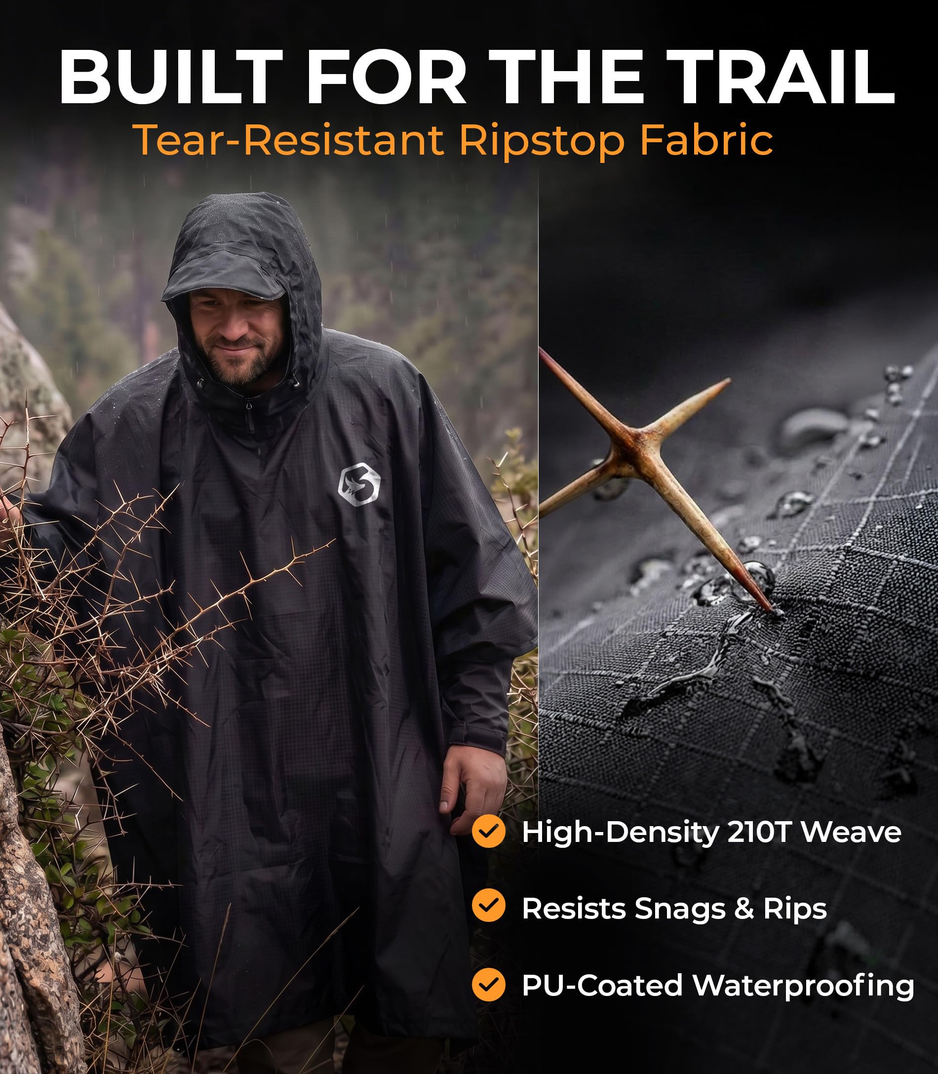 Foxelli Poncho de lluvia con capucha para adultos – Chubasquero impermeable, reutilizable, extra largo, para hombre y mujer, equipo ligero, negro, talla única, Negro , Talla única